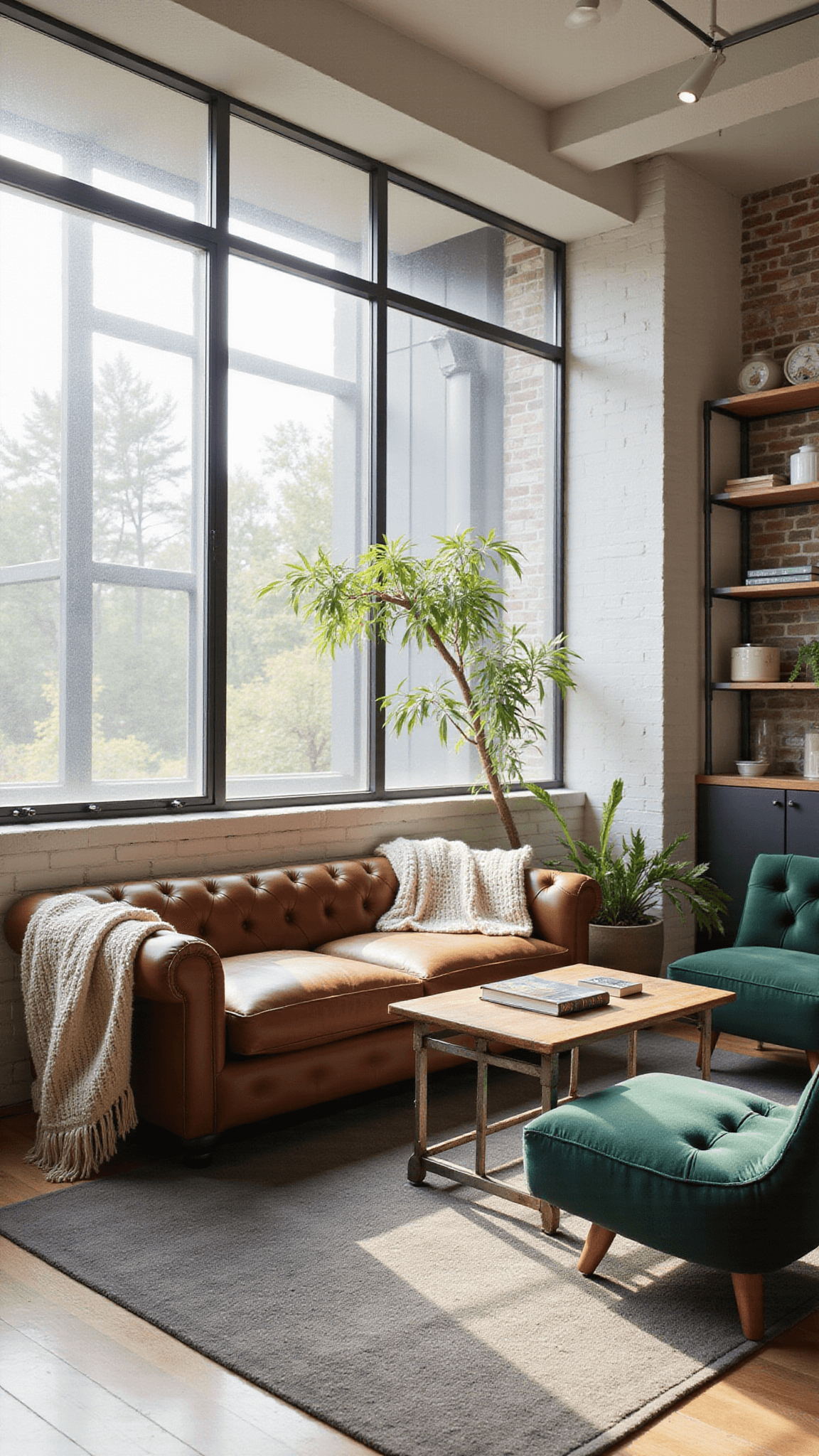 Contemporary rustic living room illuminated by morning sunlight through tall windows, featuring a cognac leather Chesterfield sofa, forest green velvet chairs, industrial coffee table, and textured accents.