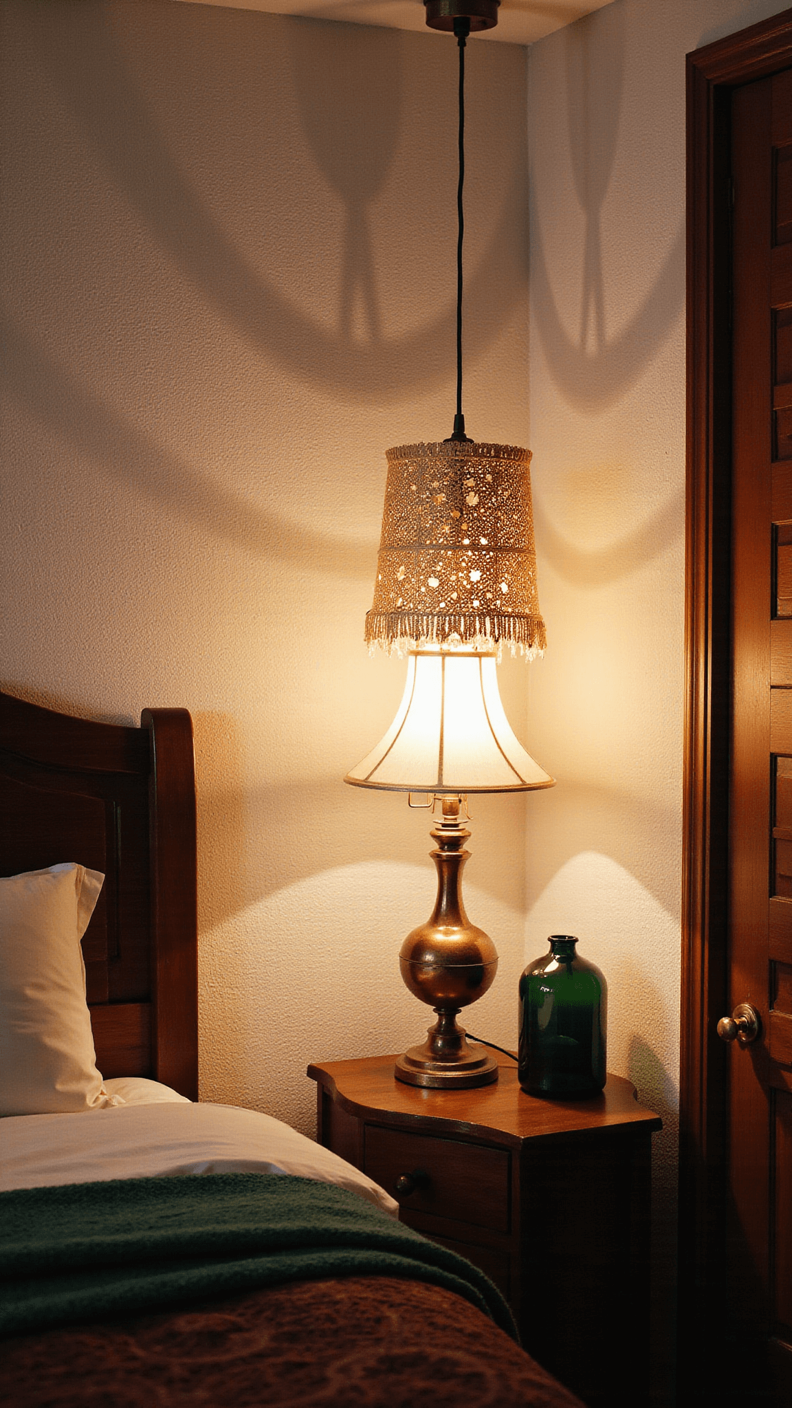 Boho bedroom corner at dusk with patterned pendant light, brass lamp on reclaimed nightstand, and rich jewel-toned textiles.