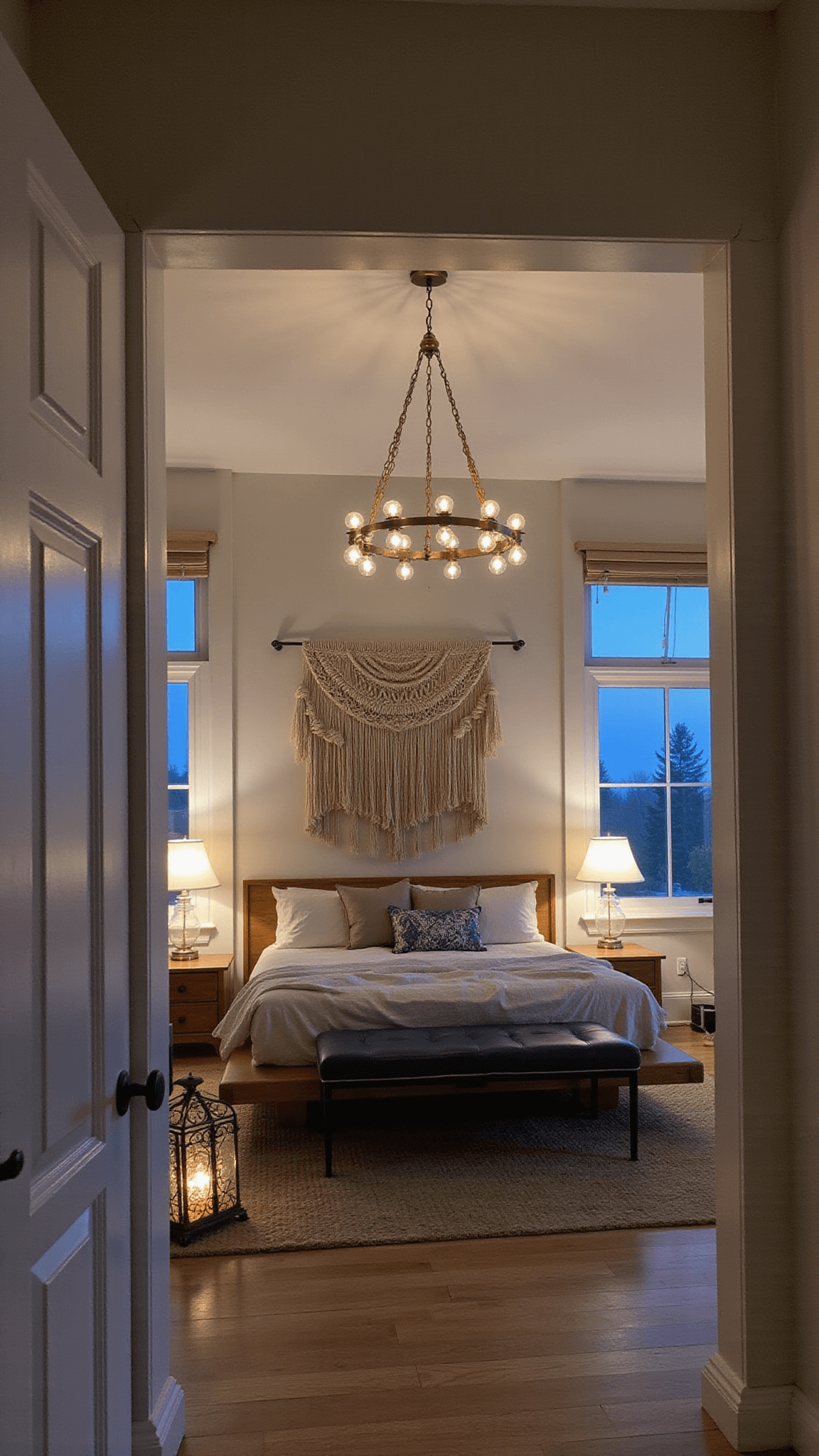 Modern bohemian master bedroom with Edison bulb chandelier, macrame wall hangings, layered lighting, and indigo and rust accents in a spacious high-ceiling room at twilight.