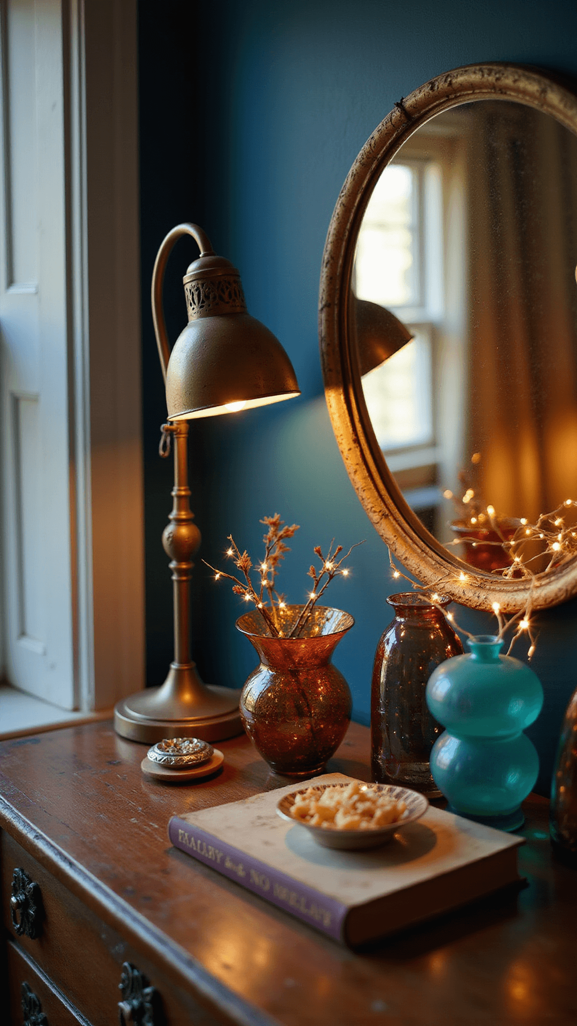 Macro shot of a boho bedroom corner with vintage dresser, mixed-metal lamps, colored glass vessels, and circular mirror reflecting fairy lights in jewel-toned late afternoon light.