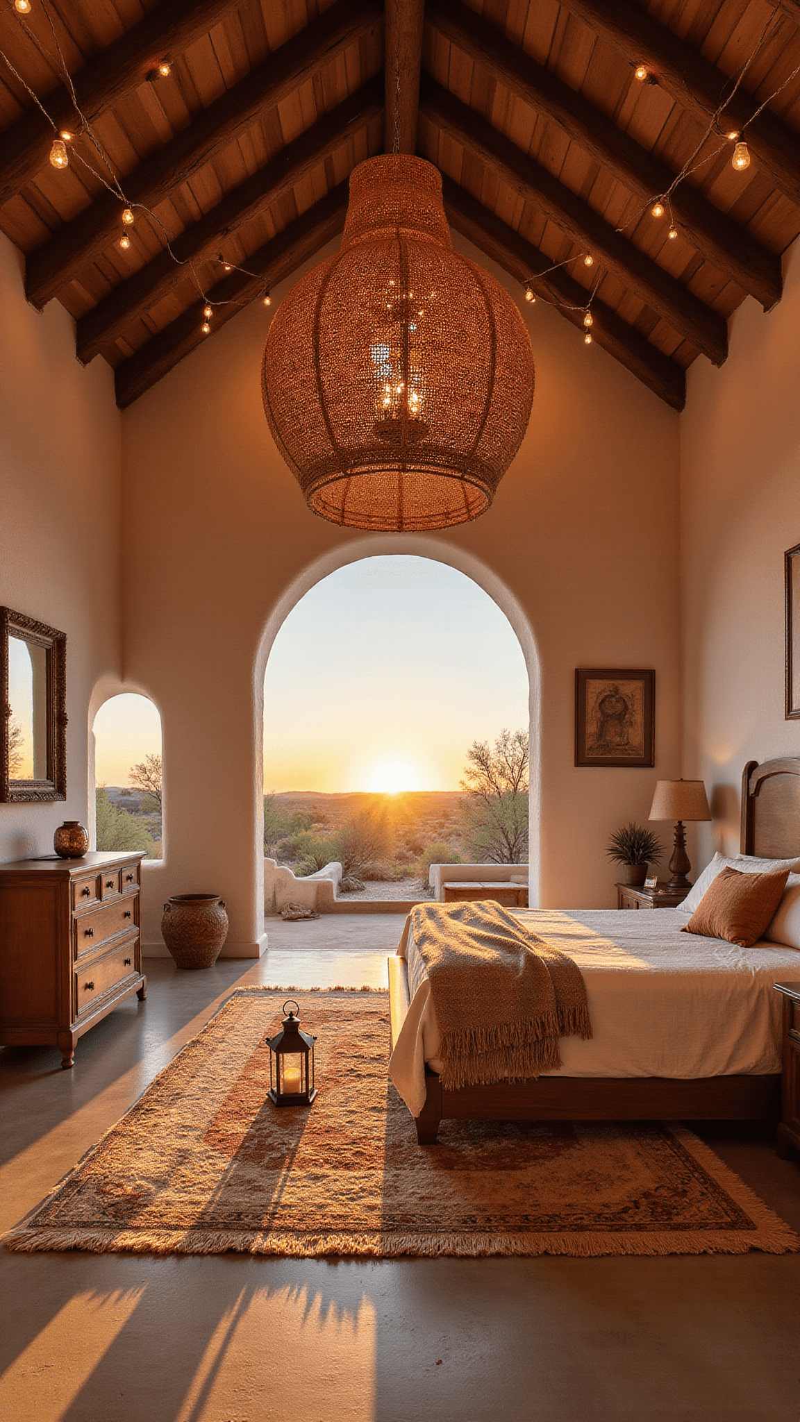 Boho master suite with cathedral ceiling, twinkle lights, rattan pendant, and warm desert tones at sunset, viewed through arched doorway.