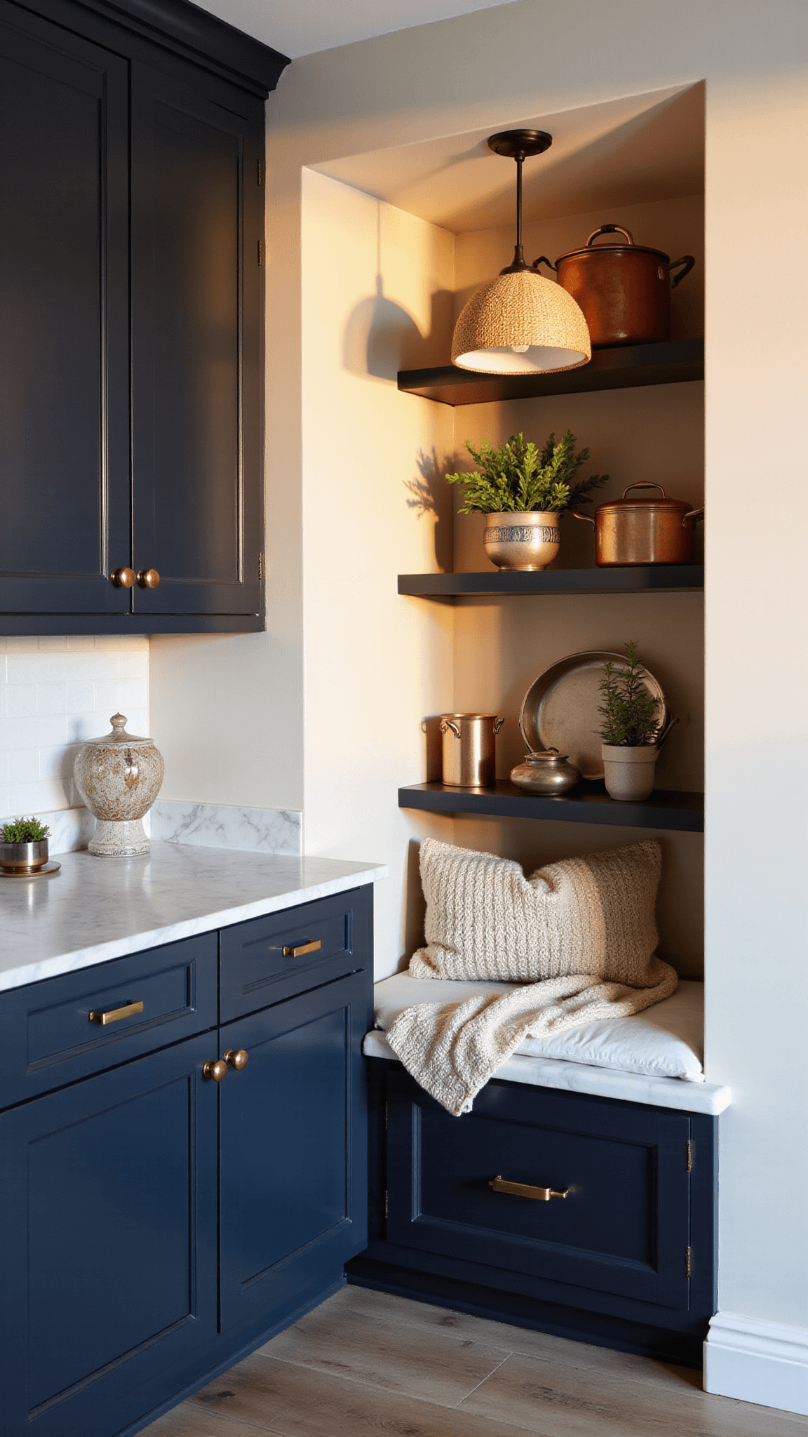 Inviting kitchen corner bathed in golden hour light, featuring navy-black floor-to-ceiling cabinets, gold hardware, white marble countertops, woven pendant lighting, and copper cookware on open shelves.