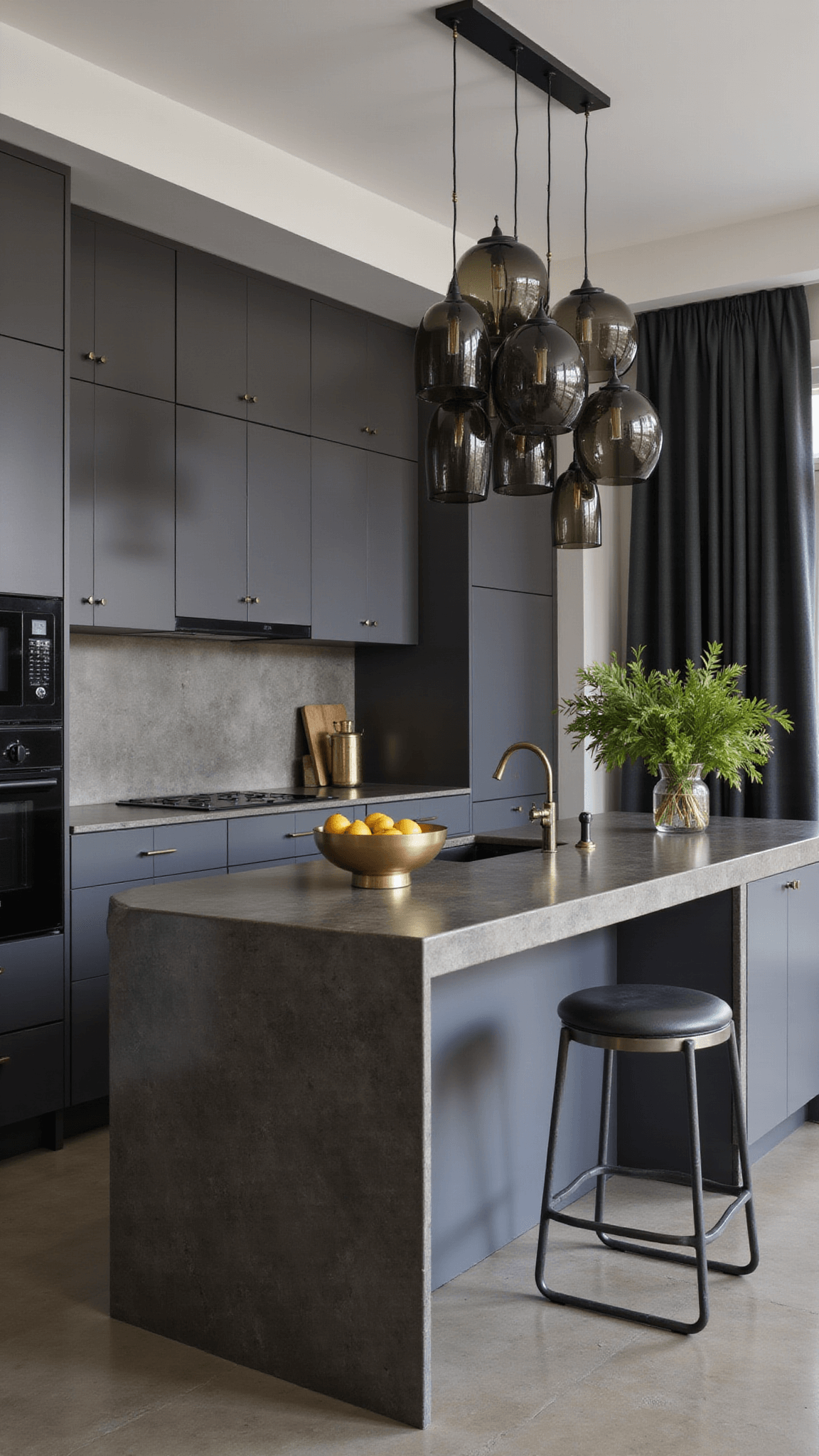 Industrial-style kitchen at dusk with charcoal gray cabinets, polished concrete flooring, granite island, smoked glass pendant lights, and minimalist brass and sage green accents.