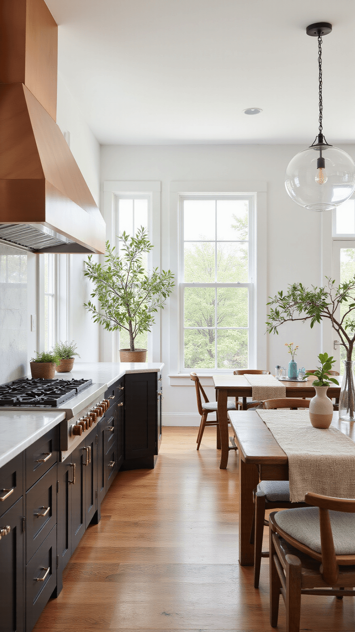 Bright kitchen with espresso oak cabinets, Calacatta marble backsplash, copper range hood, and earthy decorative accents in a spacious layout.