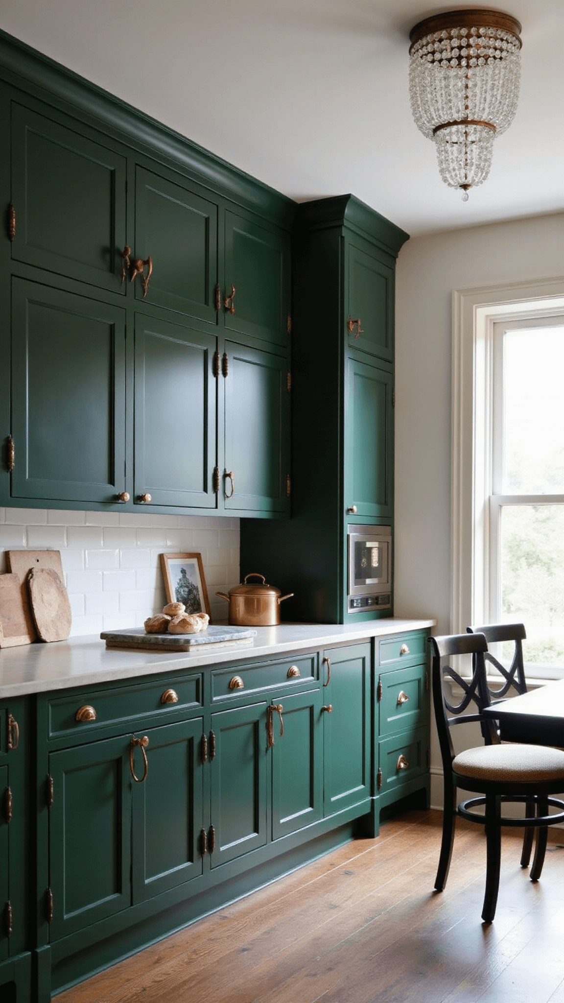 Transitional kitchen at dusk featuring deep forest green cabinets, antique brass hardware, soapstone countertops, vintage crystal chandelier, copper cookware, and botanical artwork.