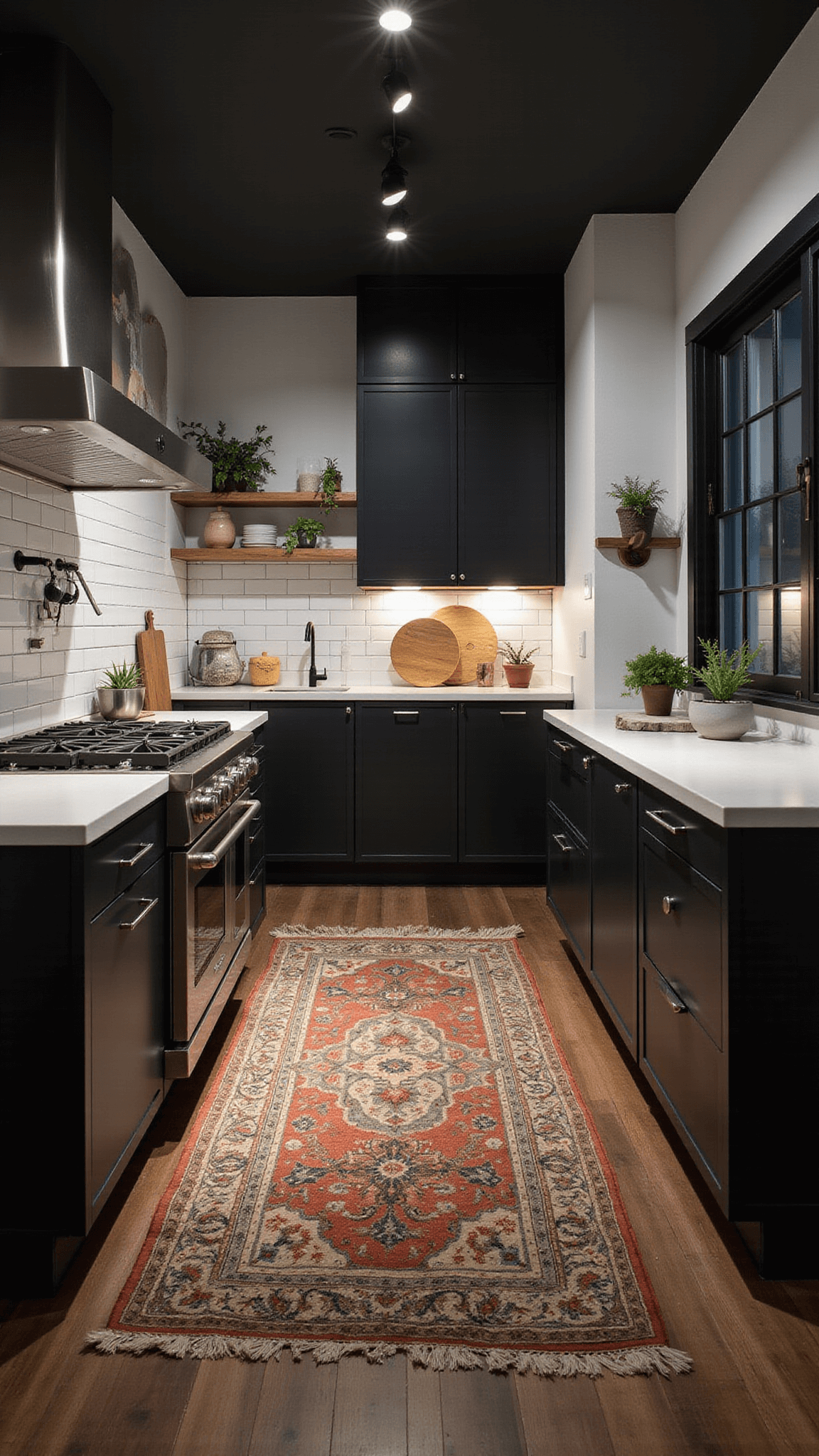 Moody kitchen with matte black cabinets, stainless steel accents, white subway tile backsplash, and warm wood features under dramatic evening lighting.