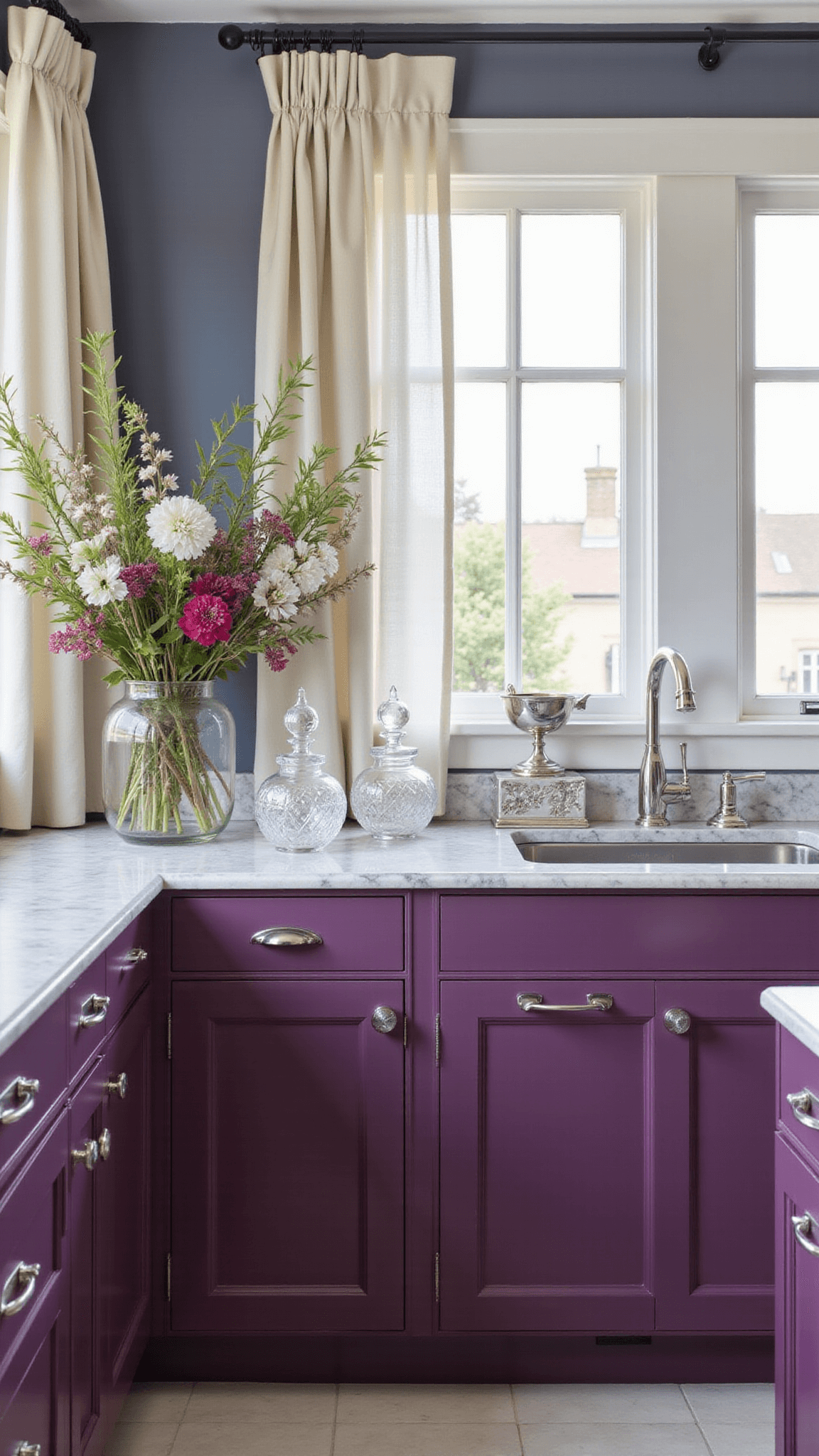 Symmetrical kitchen with deep aubergine cabinets, Arabescato marble countertops, silver hardware, and crystal accents illuminated by natural and under-cabinet lighting.