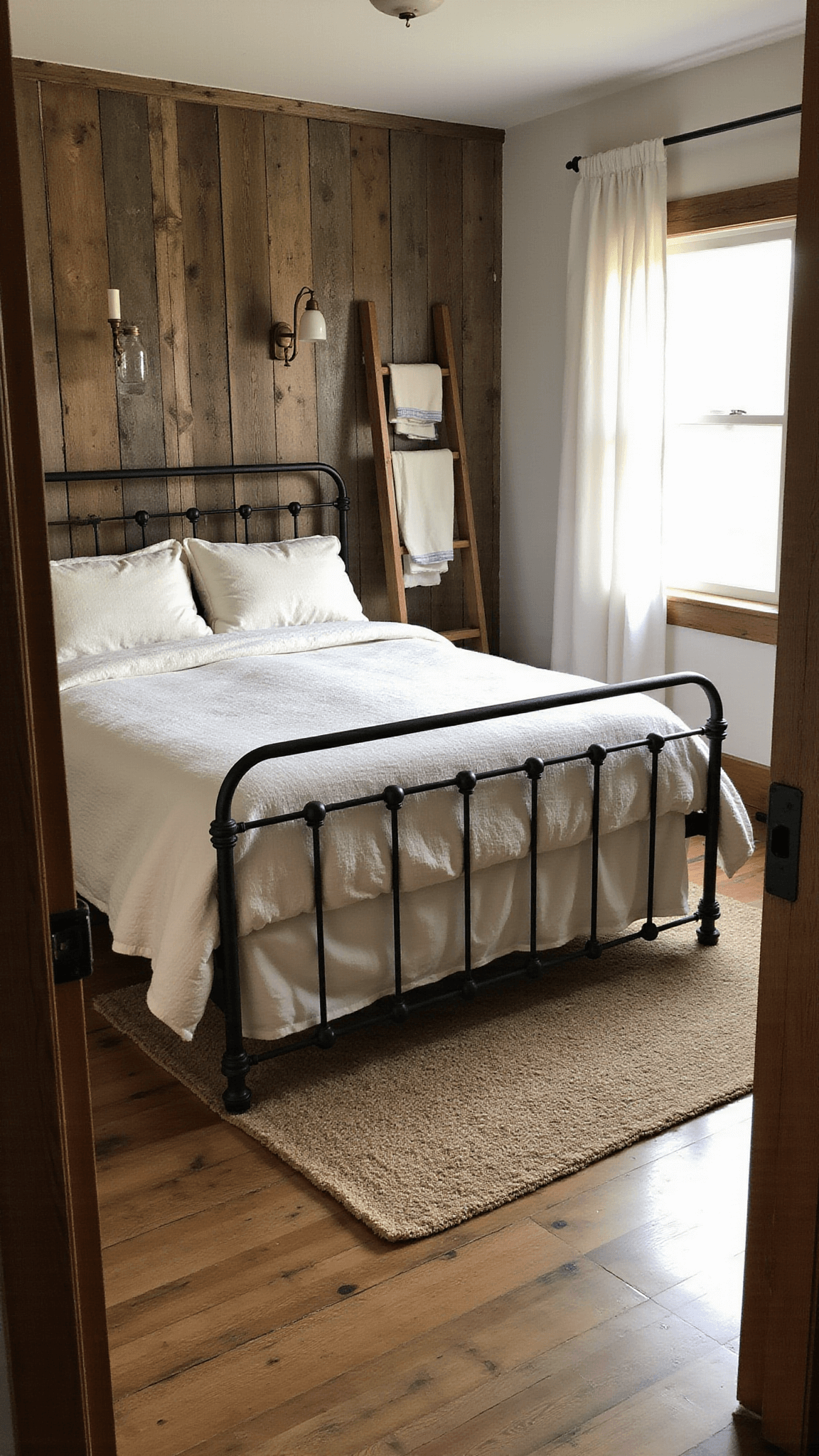 Rustic farmhouse barndominium bedroom with vintage iron bed, weathered wood accent wall, mason jar lighting, and jute rug in soft morning light.