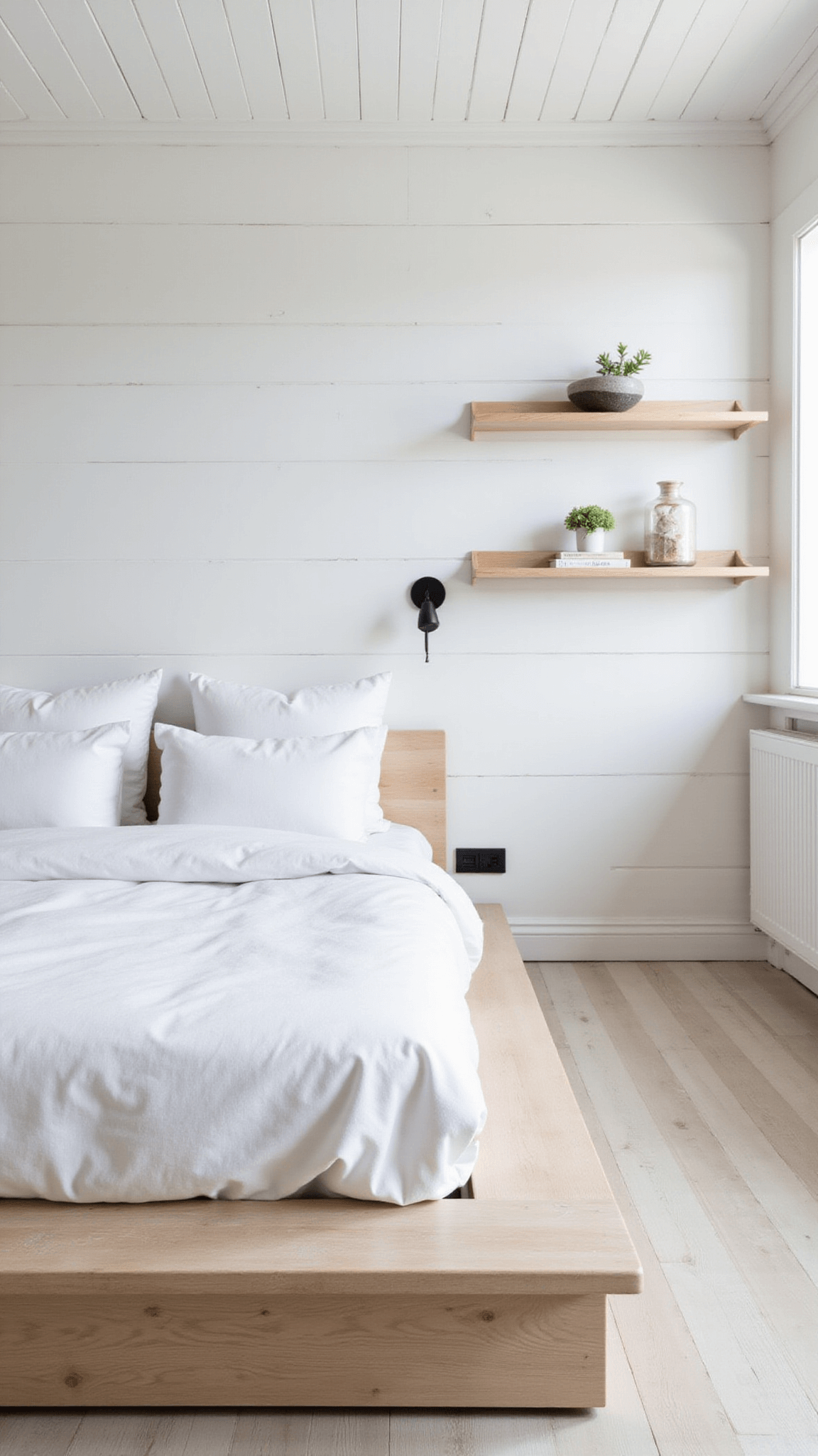 Scandinavian-style small bedroom with whitewashed shiplap walls, pale wood floors, minimalist furnishings, and natural light.