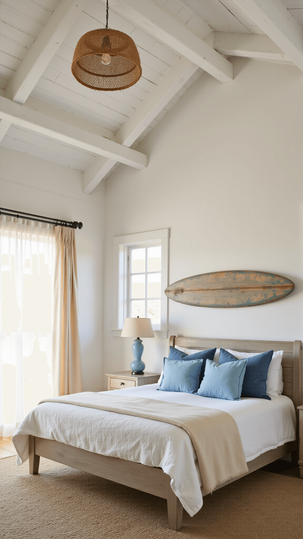 Coastal barndominium bedroom with white beams, sheer curtains, distressed wood bed, rattan pendant, vintage surfboard wall art, and ocean-inspired colors in golden hour light.