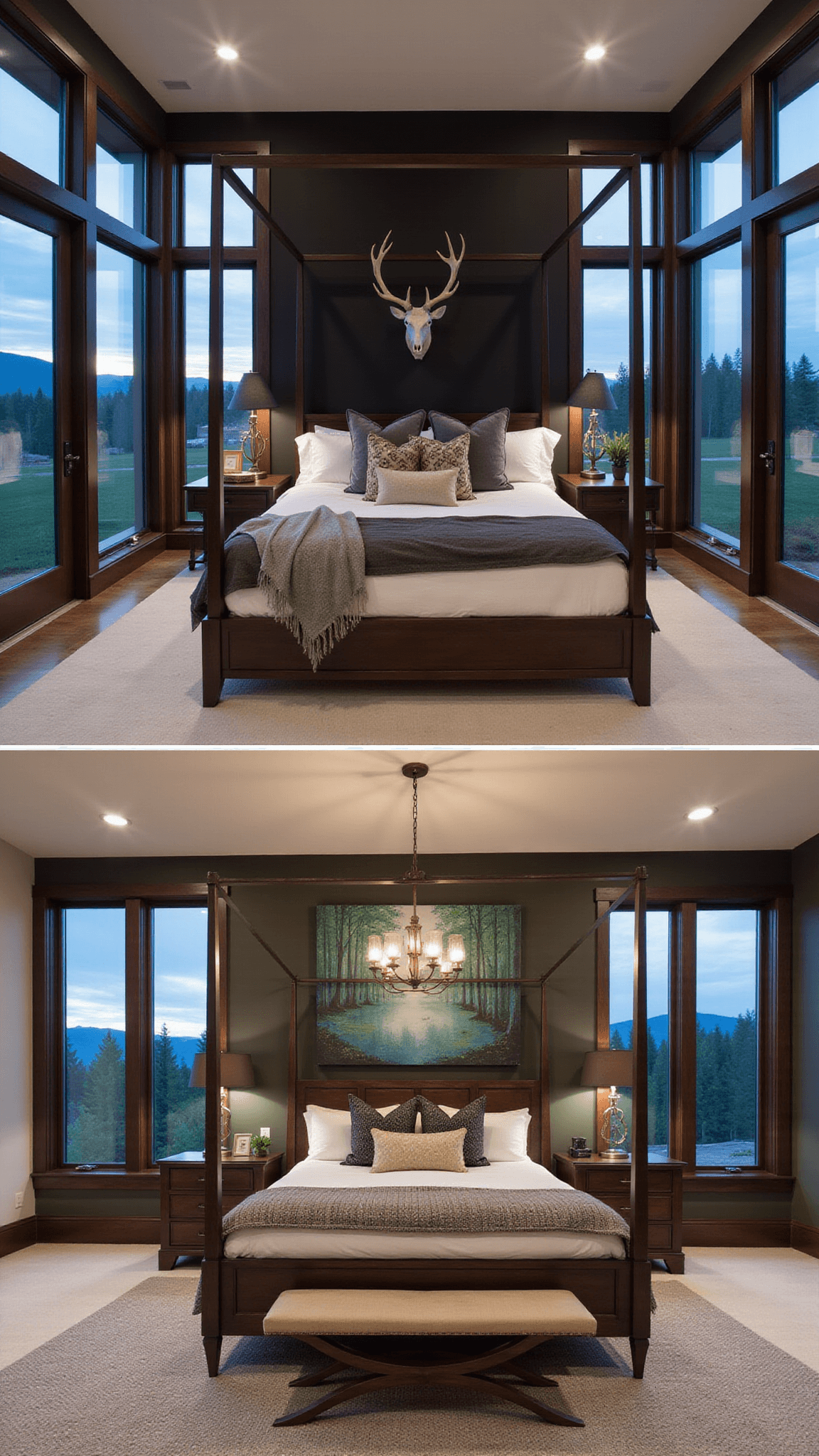 Modern rustic 275 sq ft barndominium bedroom at blue hour with double-height windows, black accent wall with antlers, dark wood four-poster bed, abstract landscape art, brass chandelier, and a mix of sleek metals and rough wood in earth tones and forest greens.