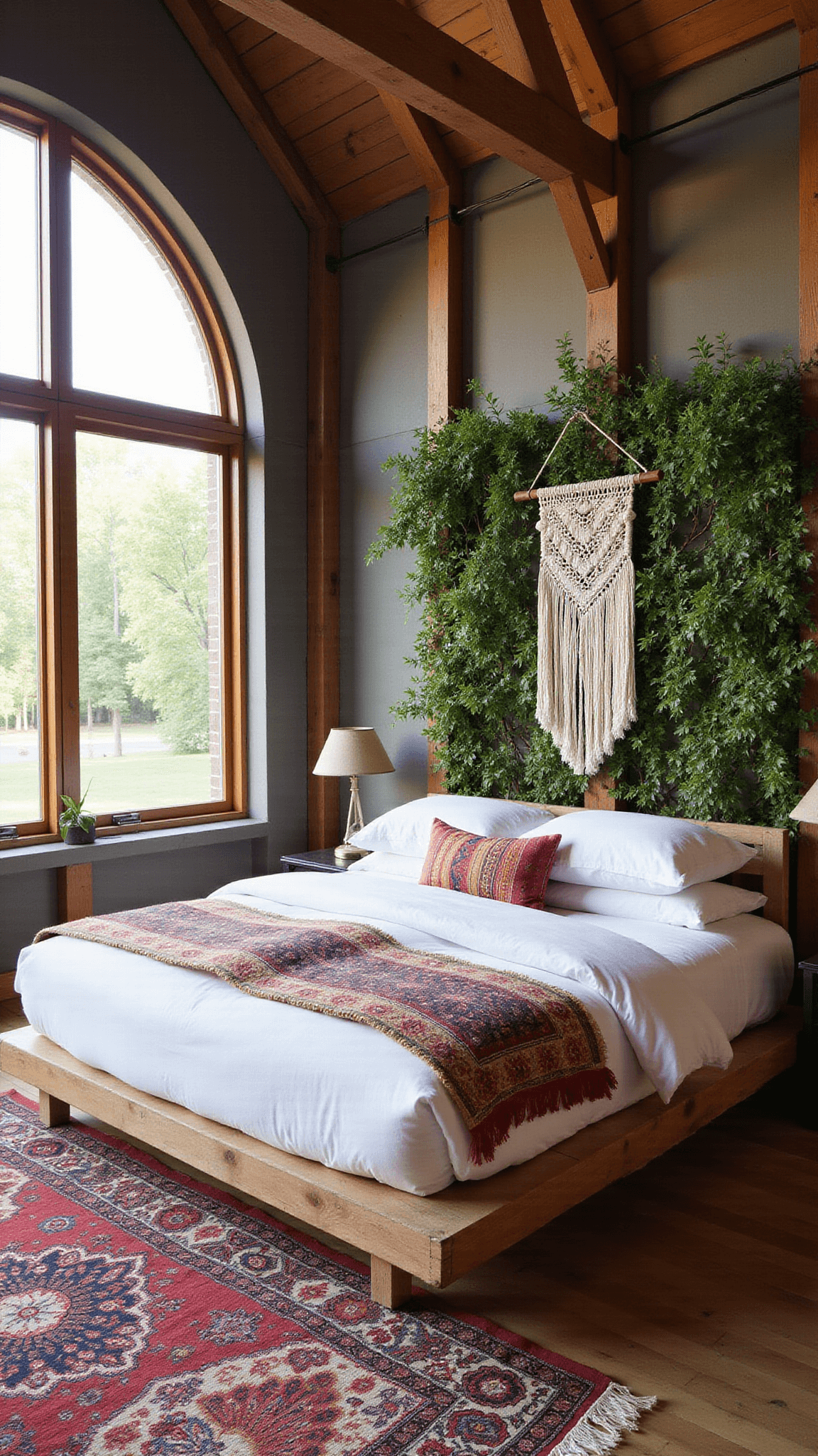Bohemian luxe barndominium bedroom with arched windows, exposed beams, vertical garden wall, platform bed, vintage textiles, and Moroccan rug in soft morning light.