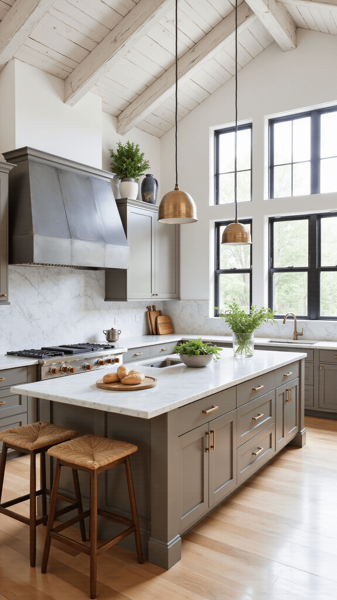 Bright, airy L-shaped kitchen with 8ft island, whitewashed wood beams, marble backsplash, zinc range hood, greige cabinets, mixed metal finishes, and vintage decor accents.