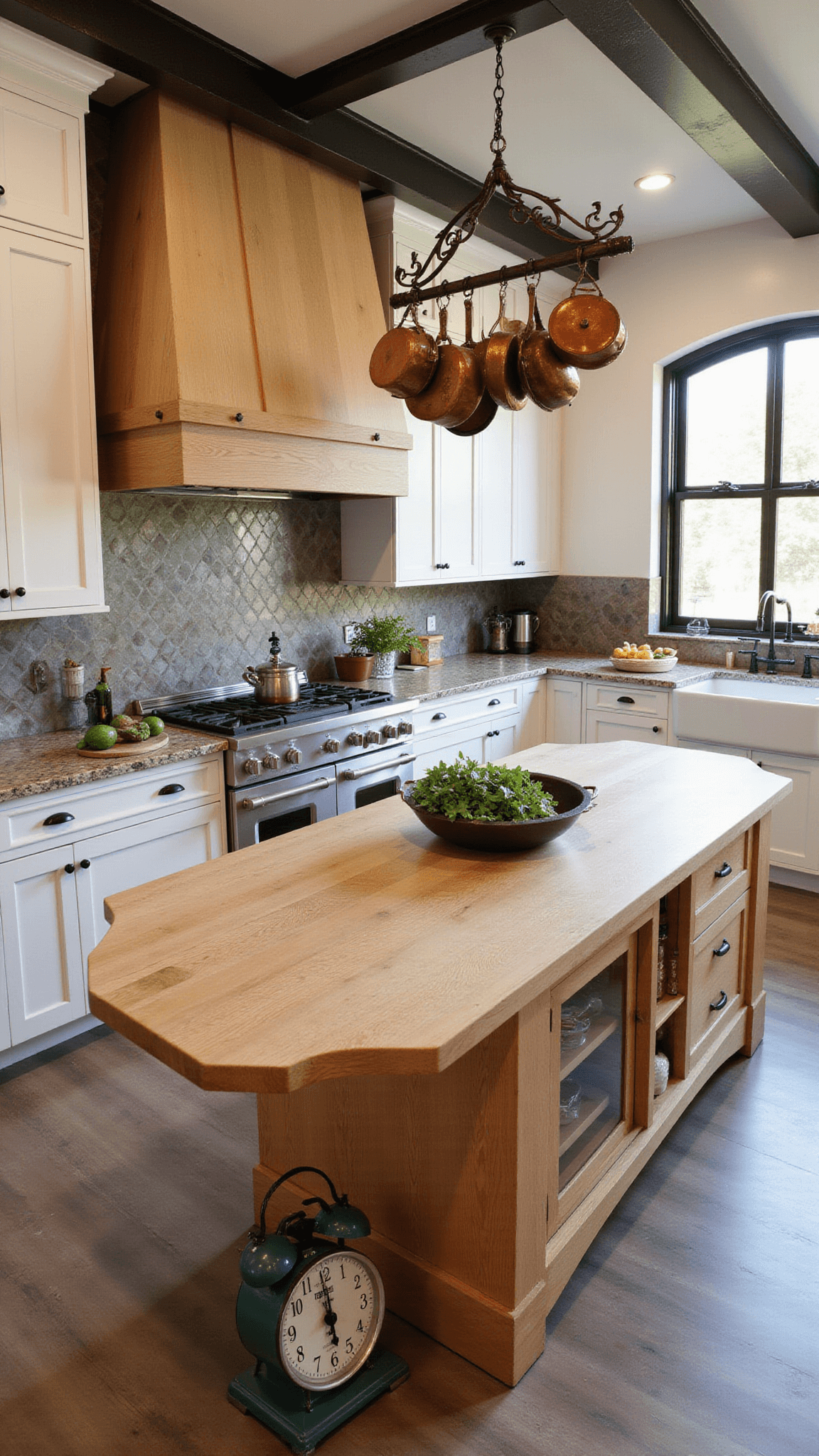 Overhead view of spacious 15x20ft kitchen with large island, butcher block, white oak cabinets, copper pots, and natural light through steel windows.