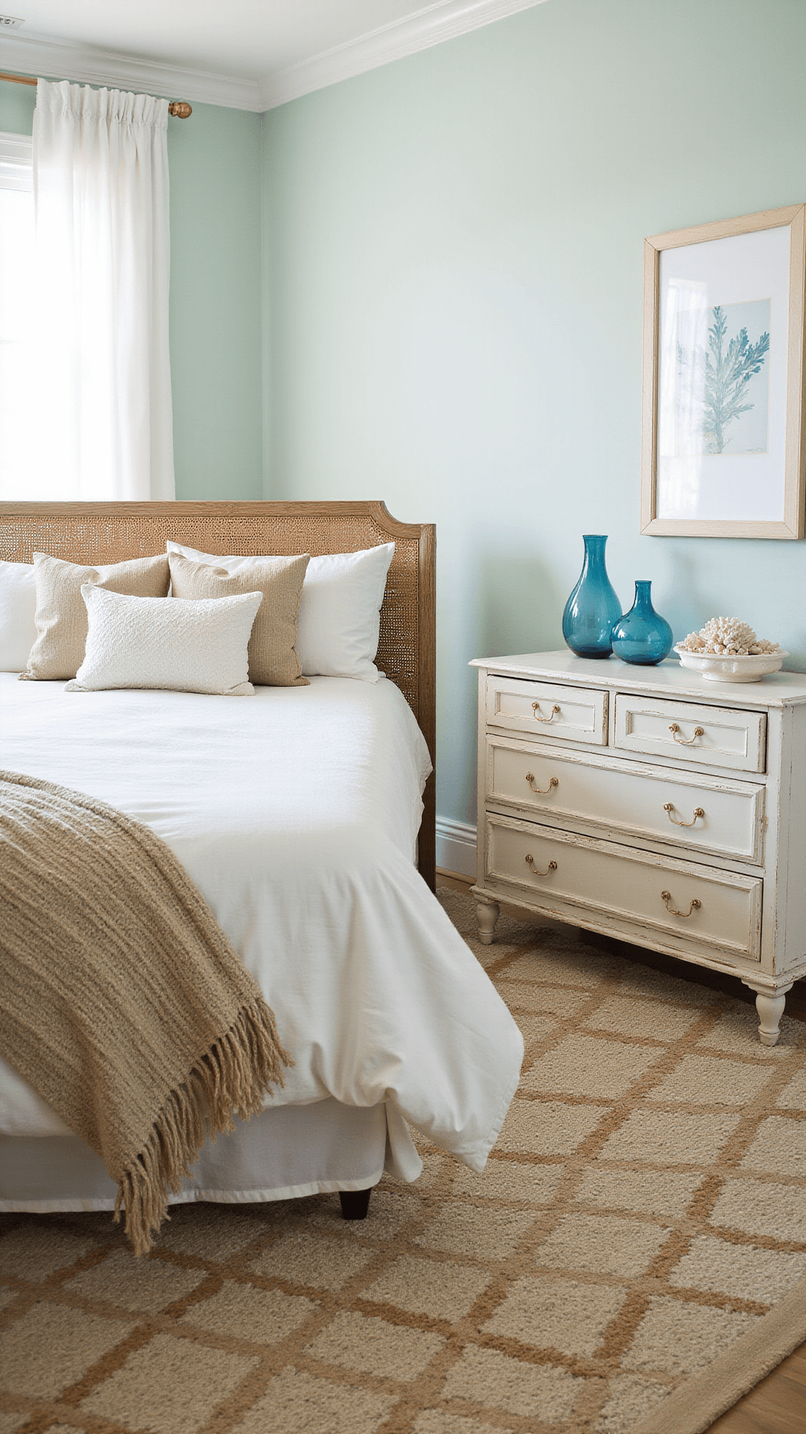 Coastal primary bedroom with seagrass queen bed, white linens, mint walls, and morning light filtering through sheer curtains.