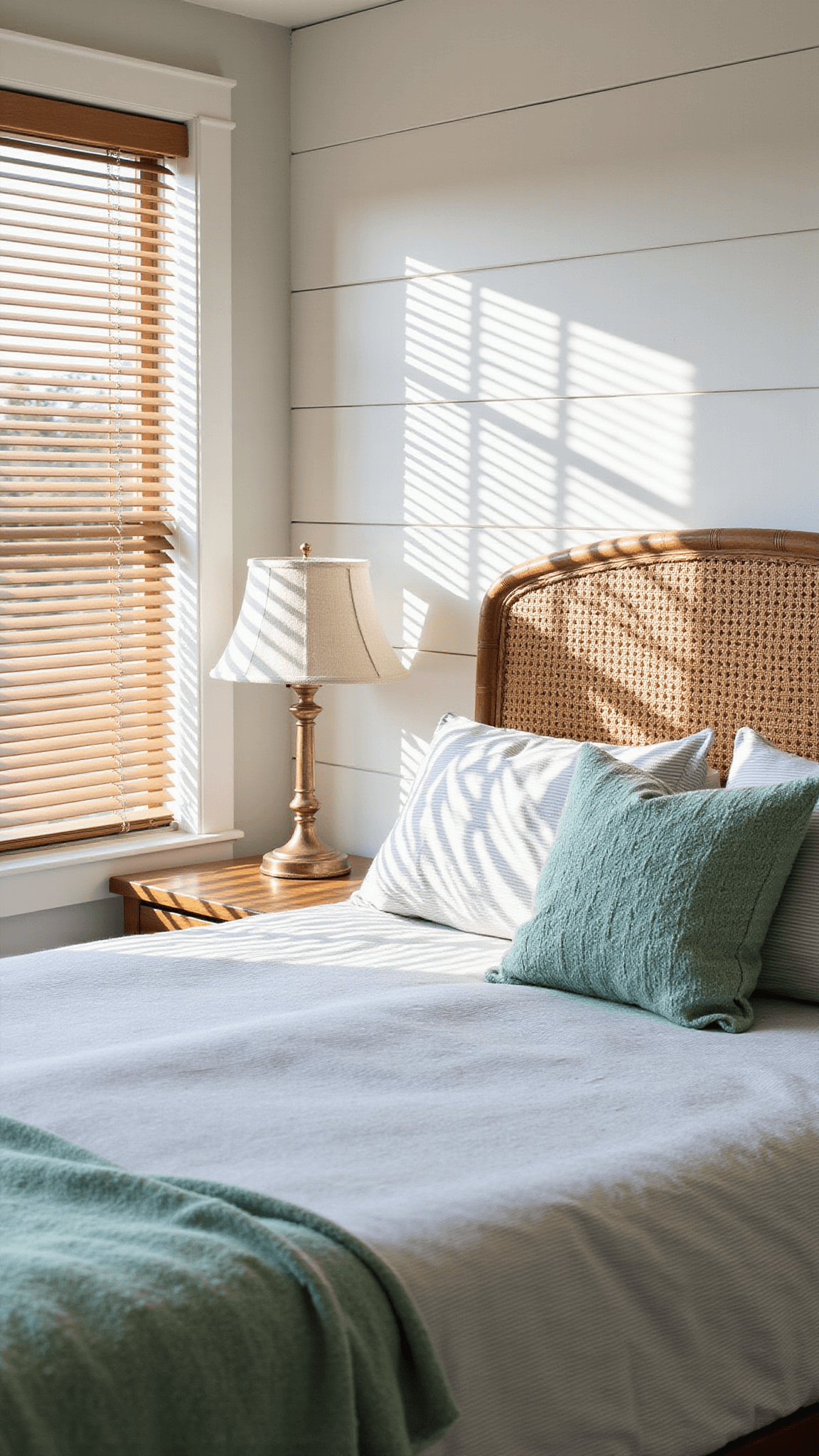 Cozy 10x12ft guest bedroom with dramatic afternoon light casting shadows through wooden blinds, featuring a curved rattan headboard, striped gray and white bedding, seafoam knit throws, and vintage brass lamp with textured shade.