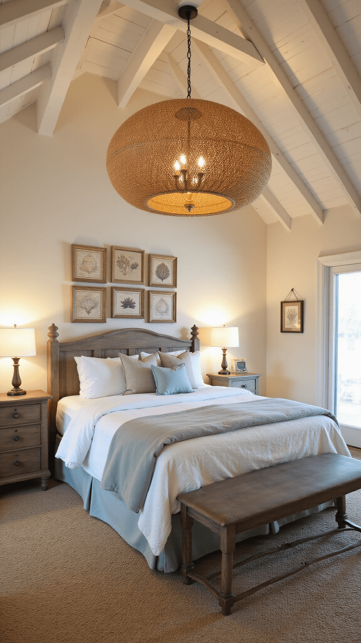 Airy 15x18ft primary suite at twilight with vaulted ceilings, California king bed under woven chandelier, coastal decor, weathered oak furniture, and gallery wall of vintage maps and coral specimens.