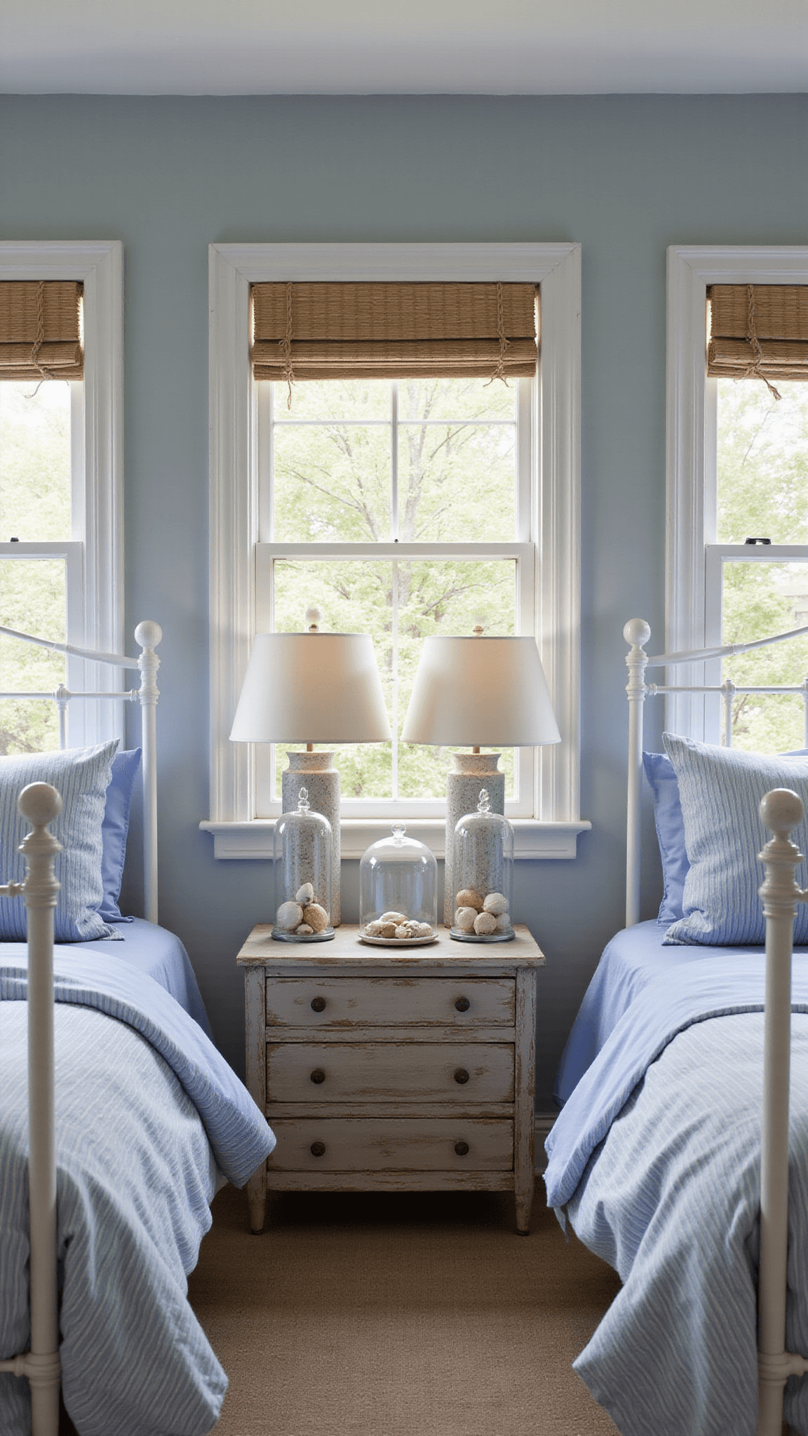 Cozy 11x13ft pale gray-blue bedroom with twin white iron beds, striped ocean blue bedding, seashell display on a distressed wooden chest, and warm lamp light during blue hour.