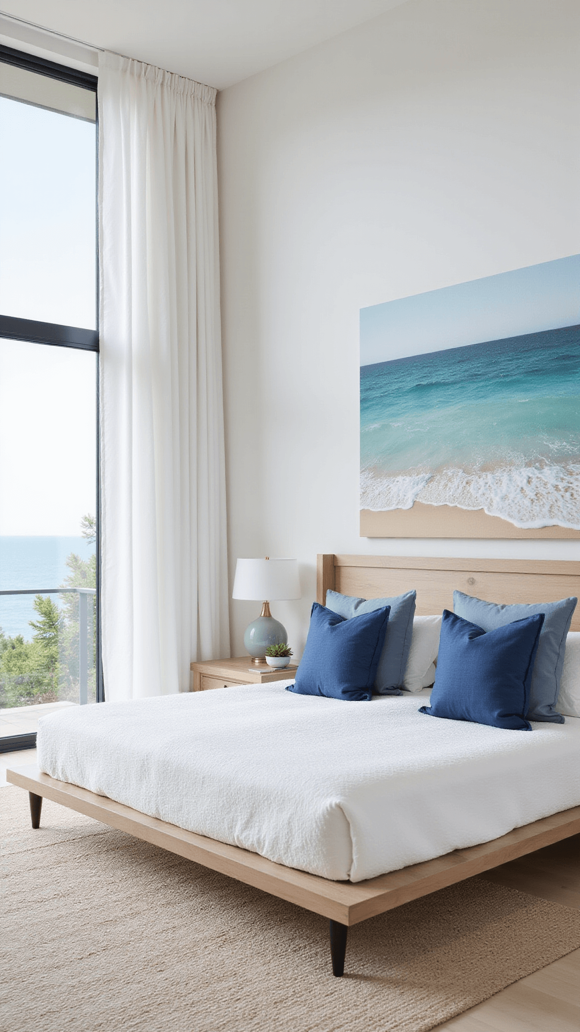 Modern coastal bedroom with ocean view, platform bed in white and blue tones, abstract beach art above, and bright natural lighting through large windows.