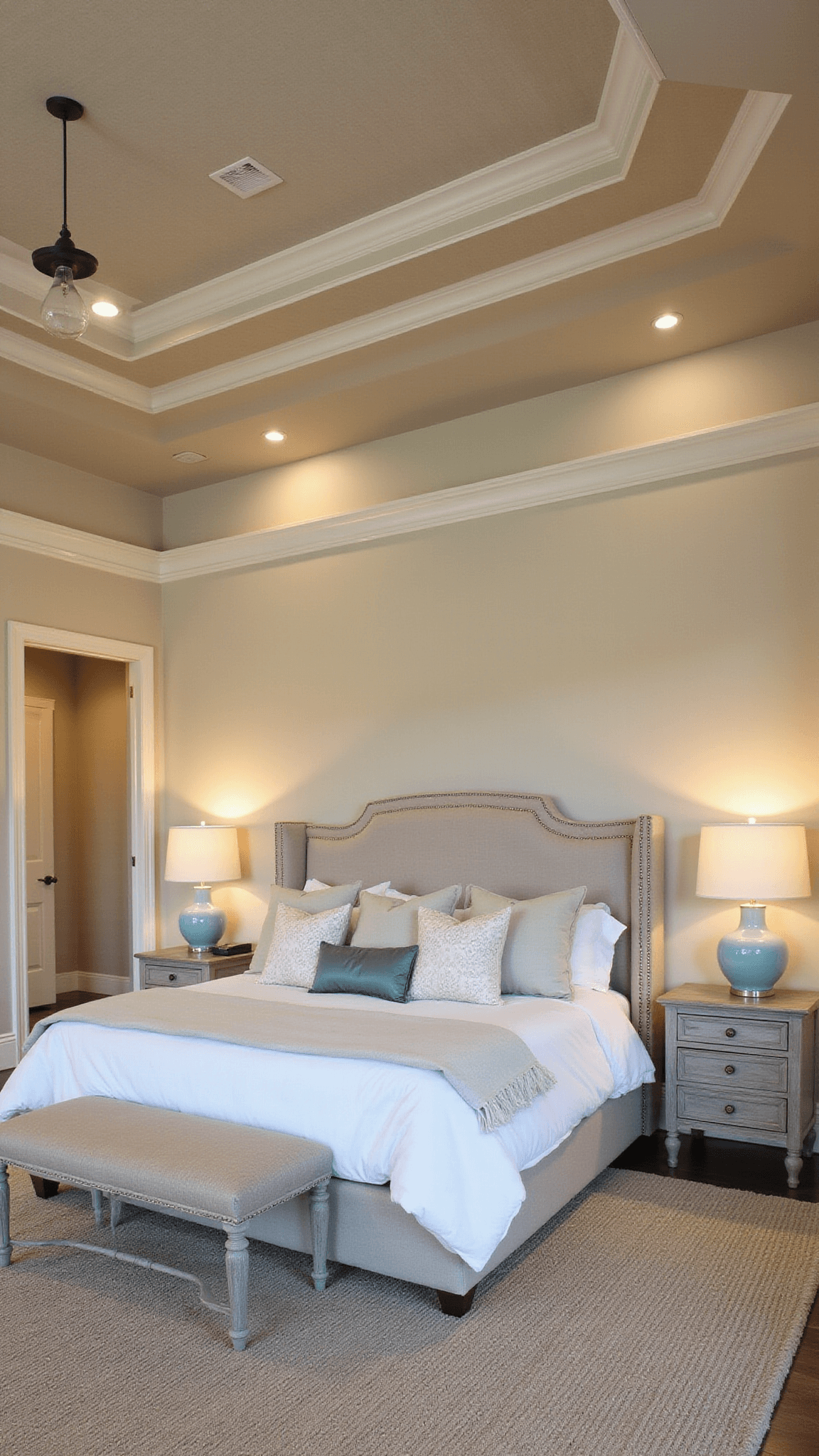 Luxurious 16x20ft master suite at sunset with tray ceiling, greige walls, upholstered king bed, weathered oak nightstands, sea glass blue lamps, and golden hour lighting.