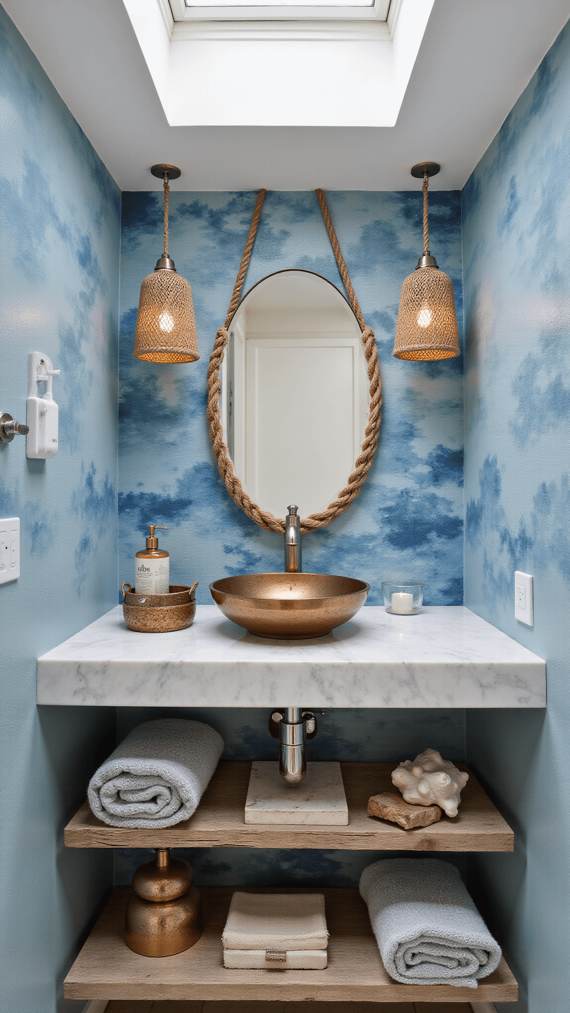 Eye-level view of a coastal-inspired powder room with blue watercolor wallpaper, marble floating vanity, hammered copper vessel sink, rope-framed mirror, and woven pendant lights.