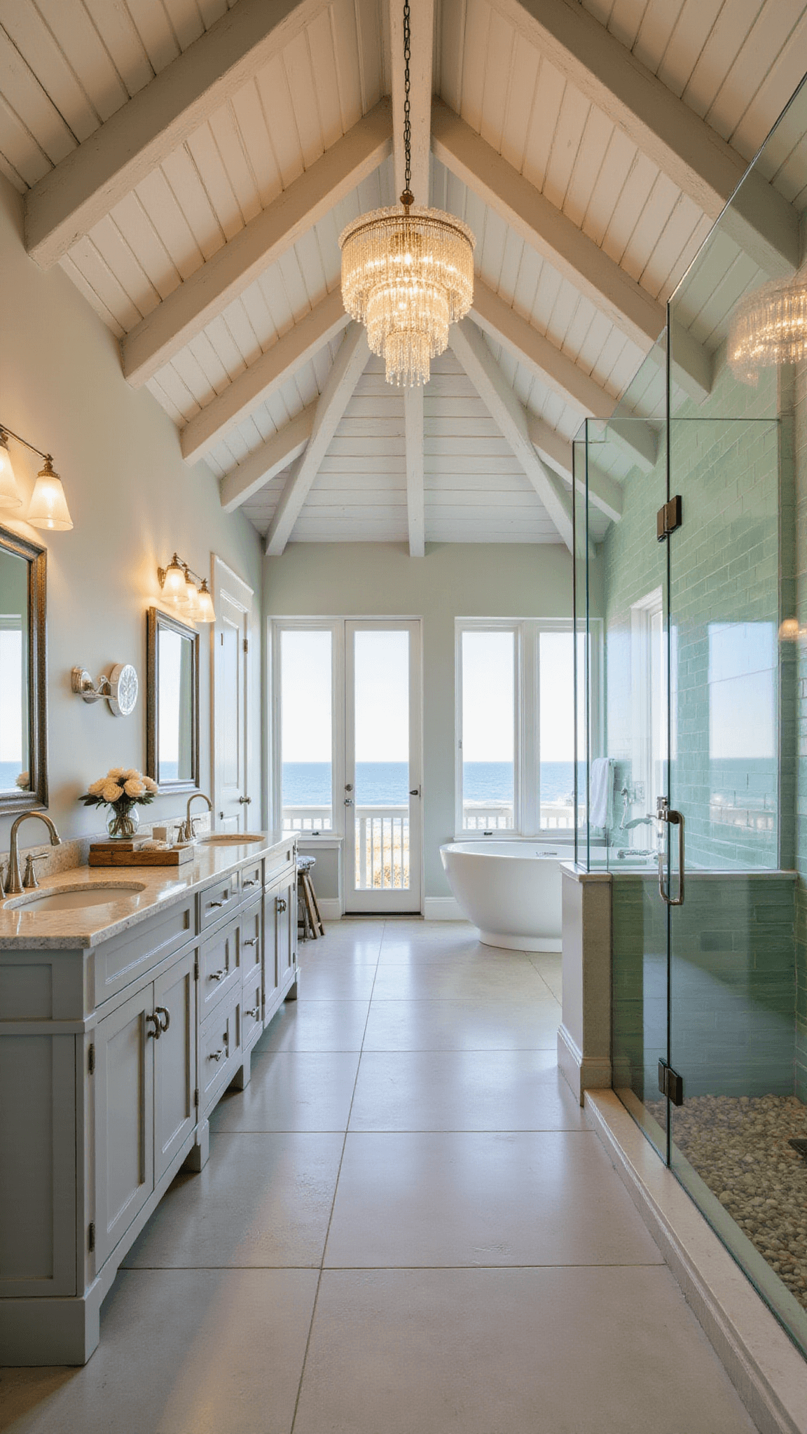 Luxury coastal master bathroom with vaulted ceilings, ocean-view windows, double vanity, glass shower, and waterfall-style chandelier at golden hour.