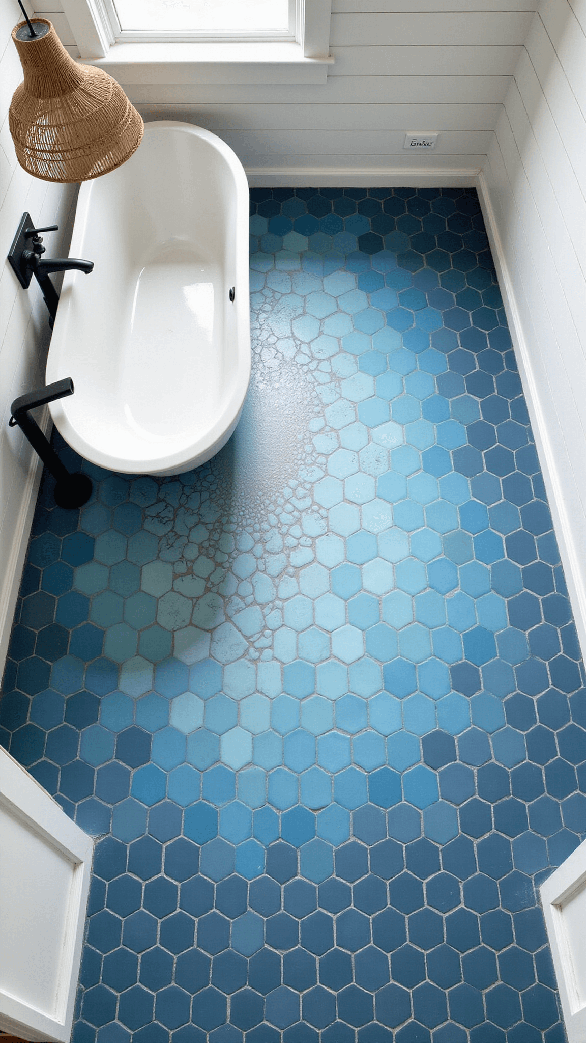 Overhead view of coastal bathroom with blue hexagonal ombré floor tiles, freestanding tub, matte black fixtures, white shiplap walls, and rattan pendant light.
