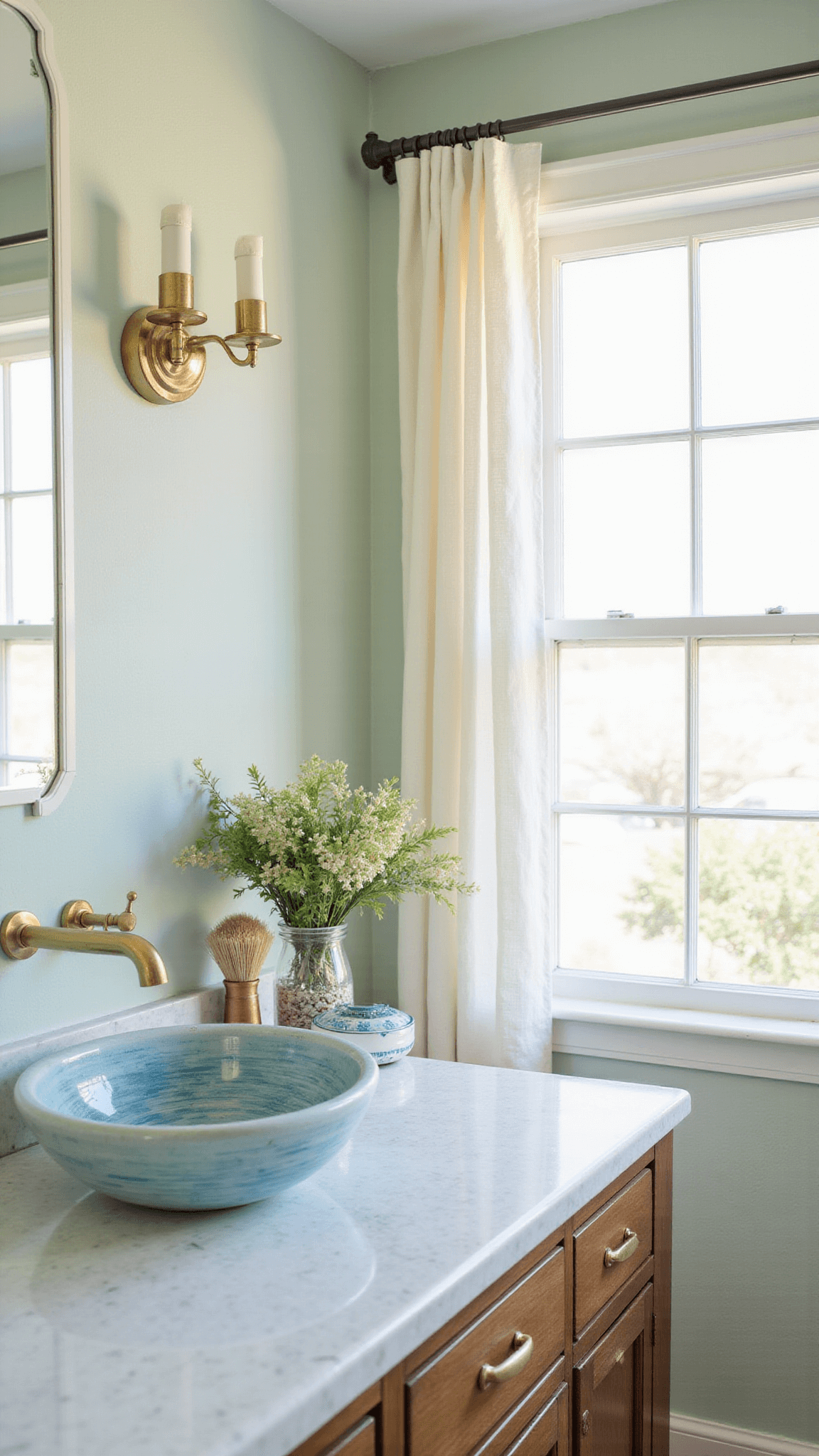 Bright coastal bathroom vanity with marble countertop, brass fixtures, ocean blue ceramic sink, linen café curtains, and sea glass decor in soft morning light.