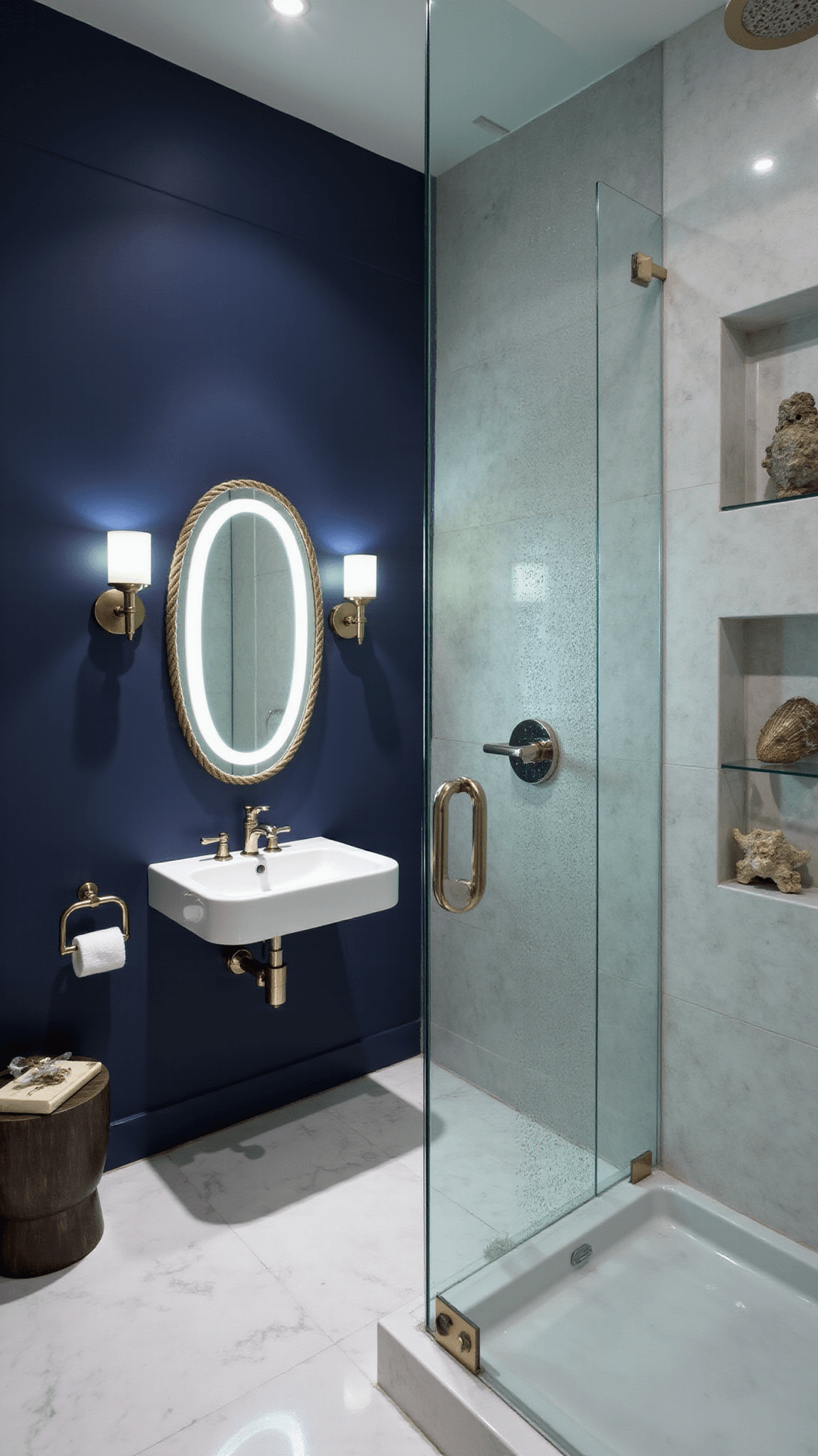 Twilight bathroom with navy venetian plaster walls, white marble floor, backlit mirror, sconces, bubbled glass shower, and shell decor on floating shelves.