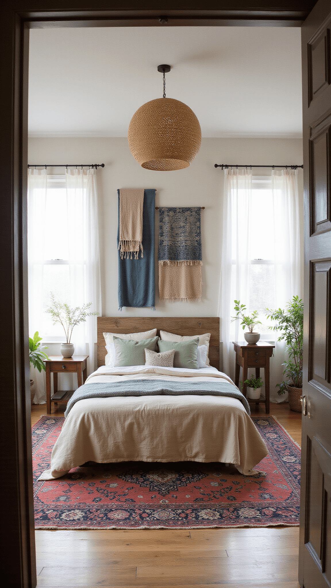 Bohemian-style master bedroom with queen bed, linen bedding, vintage textiles, layered rugs, and natural light filtering through gauzy curtains.