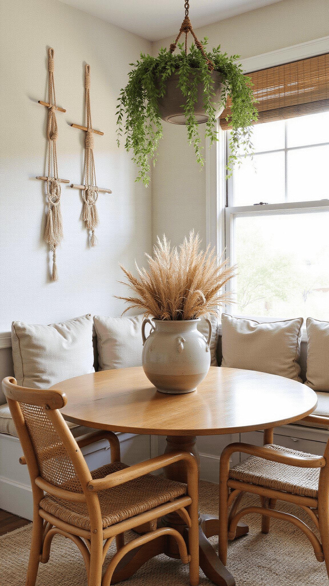 Coastal boho dining nook with built-in window bench, vintage teak table, rattan and bentwood chairs, ceramic vase with dried palm fronds, bamboo blinds, and macramé plant hangers in a warm, textured space.