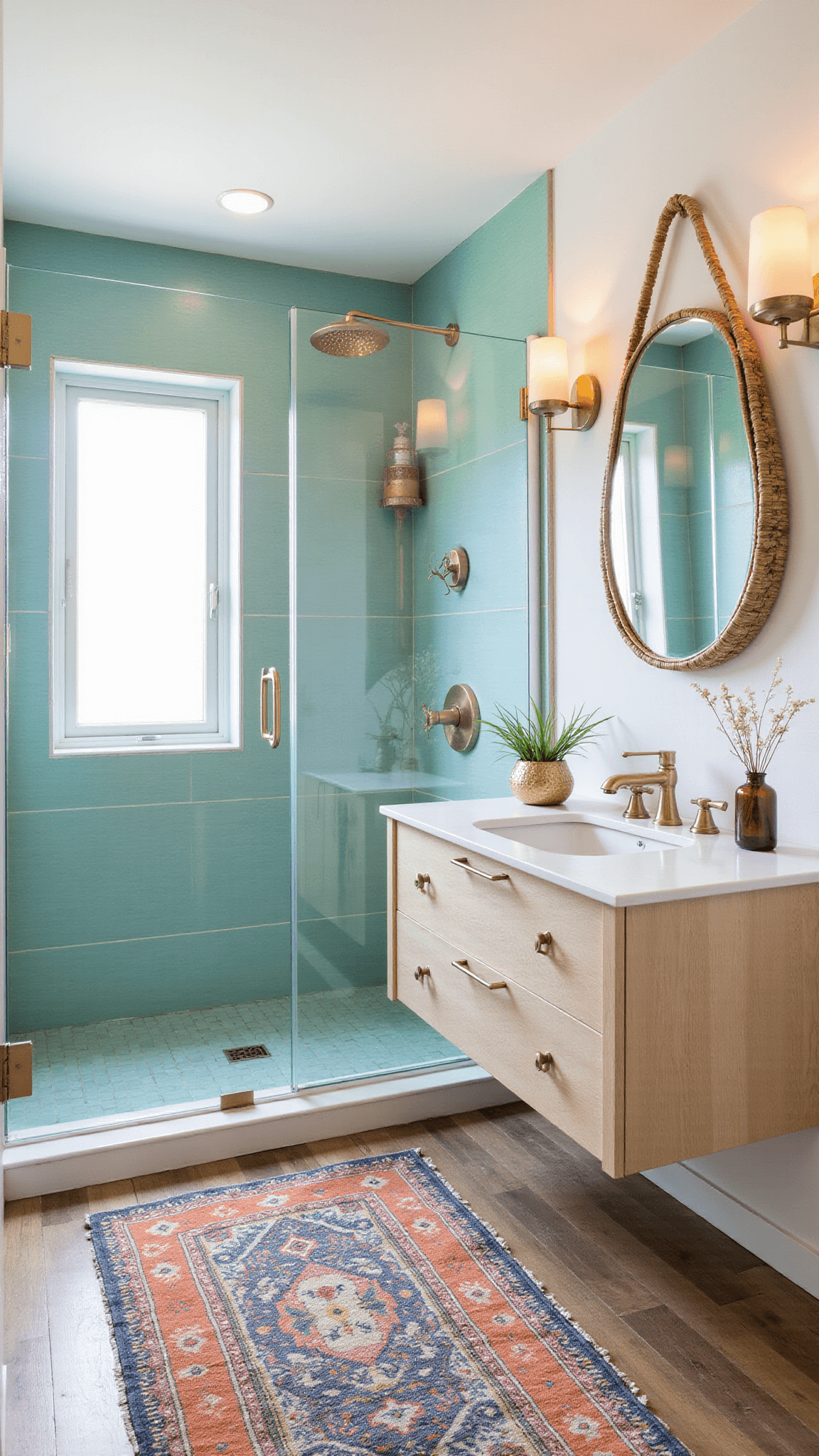 Coastal boho bathroom with sea-green tiled rainfall shower, bleached oak vanity, brass fixtures, rattan mirror, and vintage runner in faded blues and corals.