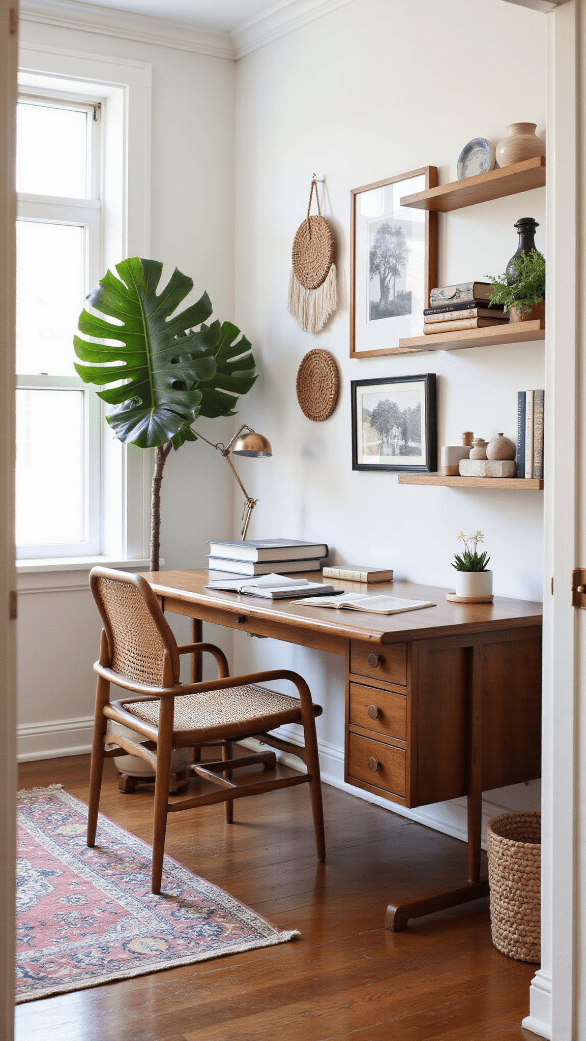 Boho-style home office with vintage desk, rattan peacock chair, gallery wall, layered rugs, large fiddle leaf fig, and floating shelves, bathed in afternoon light.