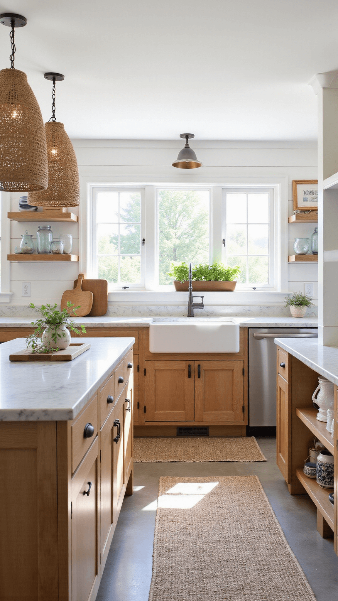 Warm, inviting coastal kitchen with natural oak cabinets, marble countertops, and woven pendant lights; vintage runner on concrete floor and herb garden in windowsill.