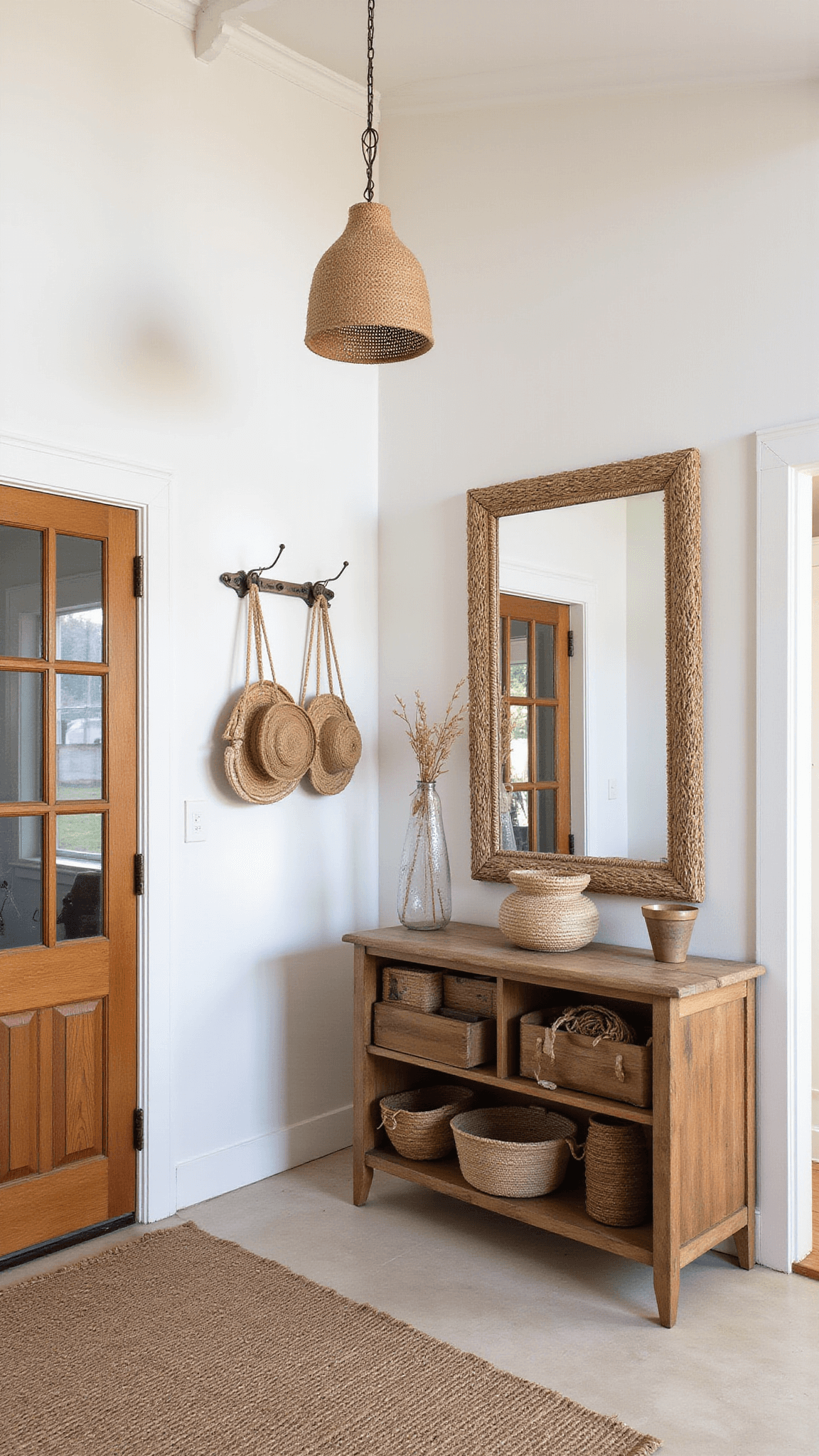 Boho-style entryway with vintage console, rope-framed mirror, natural fiber pendant light, baskets, pottery, sun hats, and macramé bags.