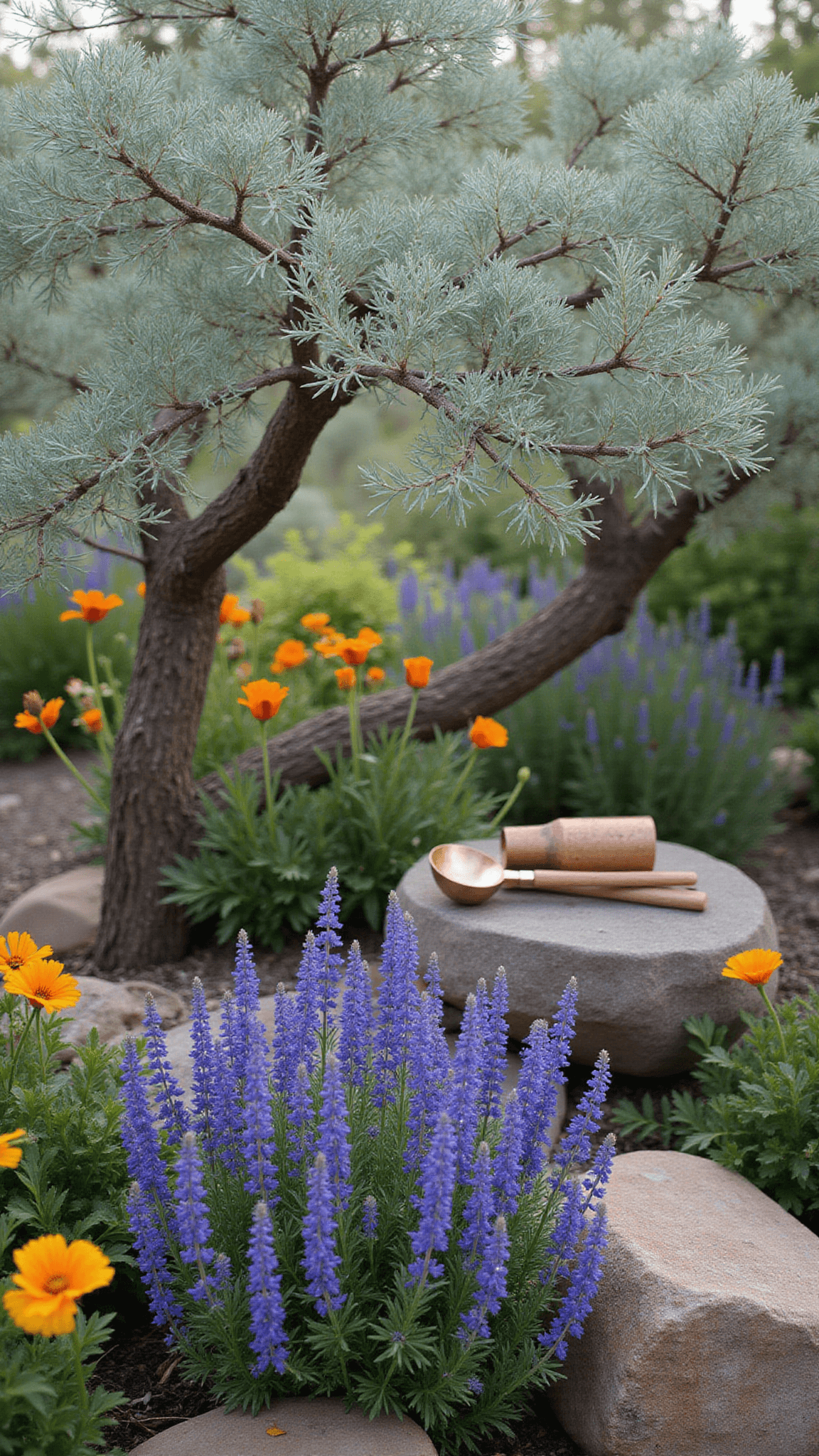 Macro view of dewy silver-blue sage leaves with Manzanita branches, purple lupines, and orange poppies in an intimate morning garden corner, backlit with soft sunlight.