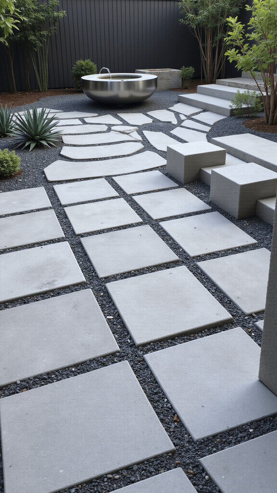 Modern California zen garden with geometric concrete pavers, grey-blue succulents, stainless steel water feature, limestone seating, and black bamboo, viewed from above in soft morning light.