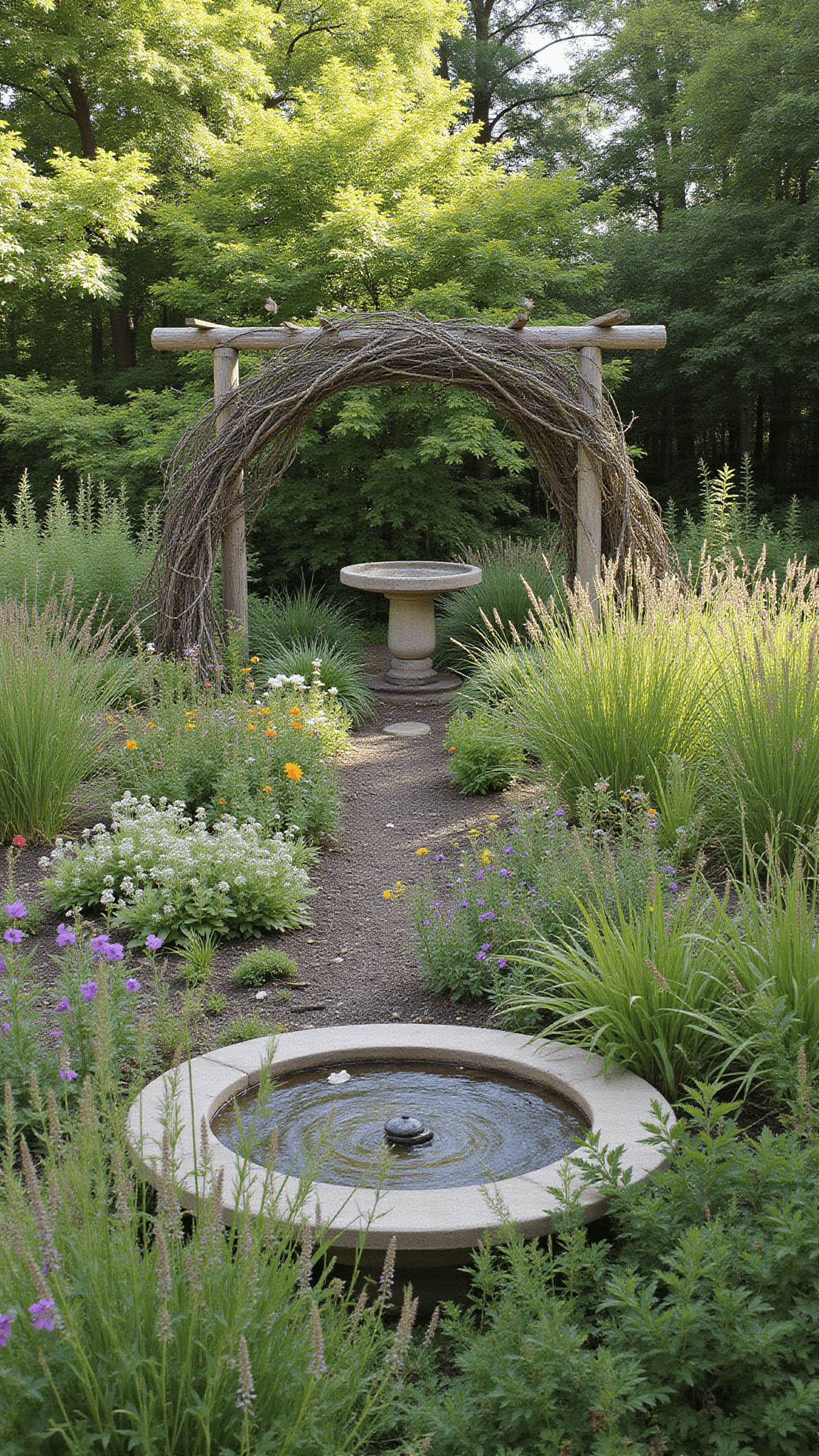Hummingbirds and butterflies flit among native perennials and tall grasses in a dynamic morning garden sanctuary, with a stone bird bath in dappled shade and grapevine-covered arbor in the background.