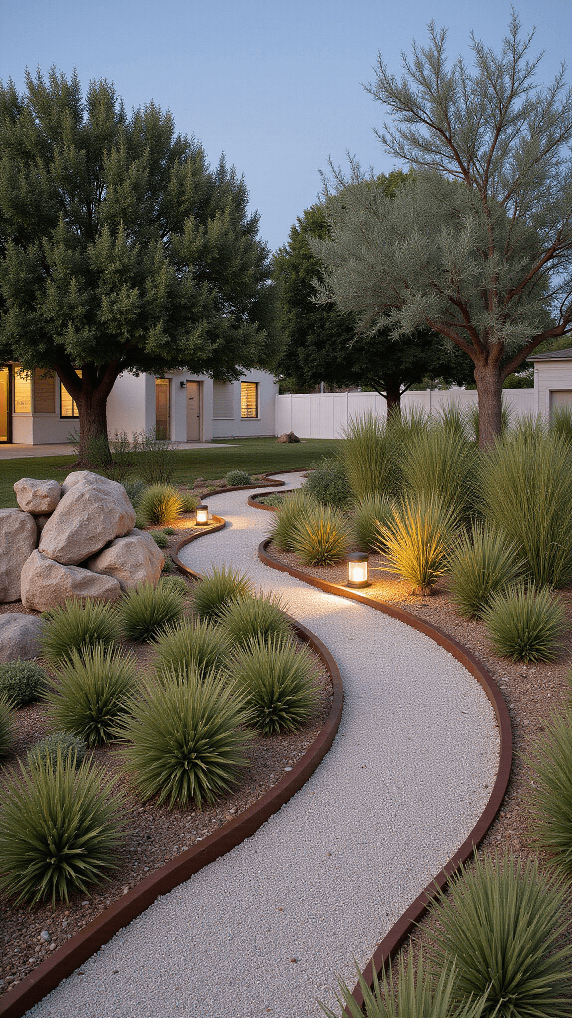 Elevated view of drought-resistant front yard with curved decomposed granite paths, native grasses, flowering perennials, olive tree centerpiece, boulders, cor-ten steel edging, and dramatic afternoon lighting highlighting architectural agaves.