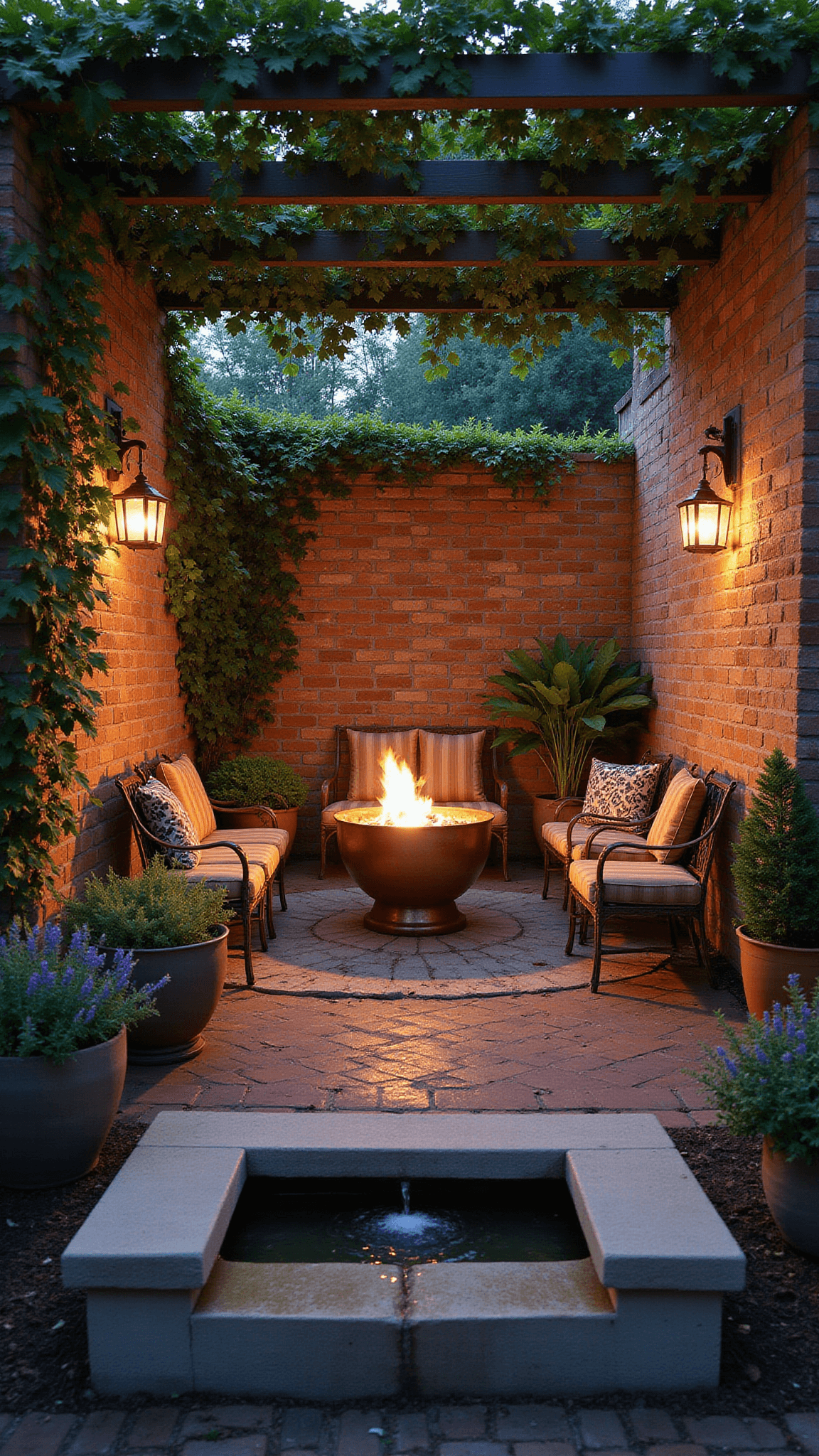 Mediterranean-inspired garden room at blue hour with vintage iron furniture around a copper fire bowl, reclaimed brick walls with climbing fig vines, potted citrus and lavender, Moroccan lanterns casting shadows, and a stone water basin with gentle cascade.