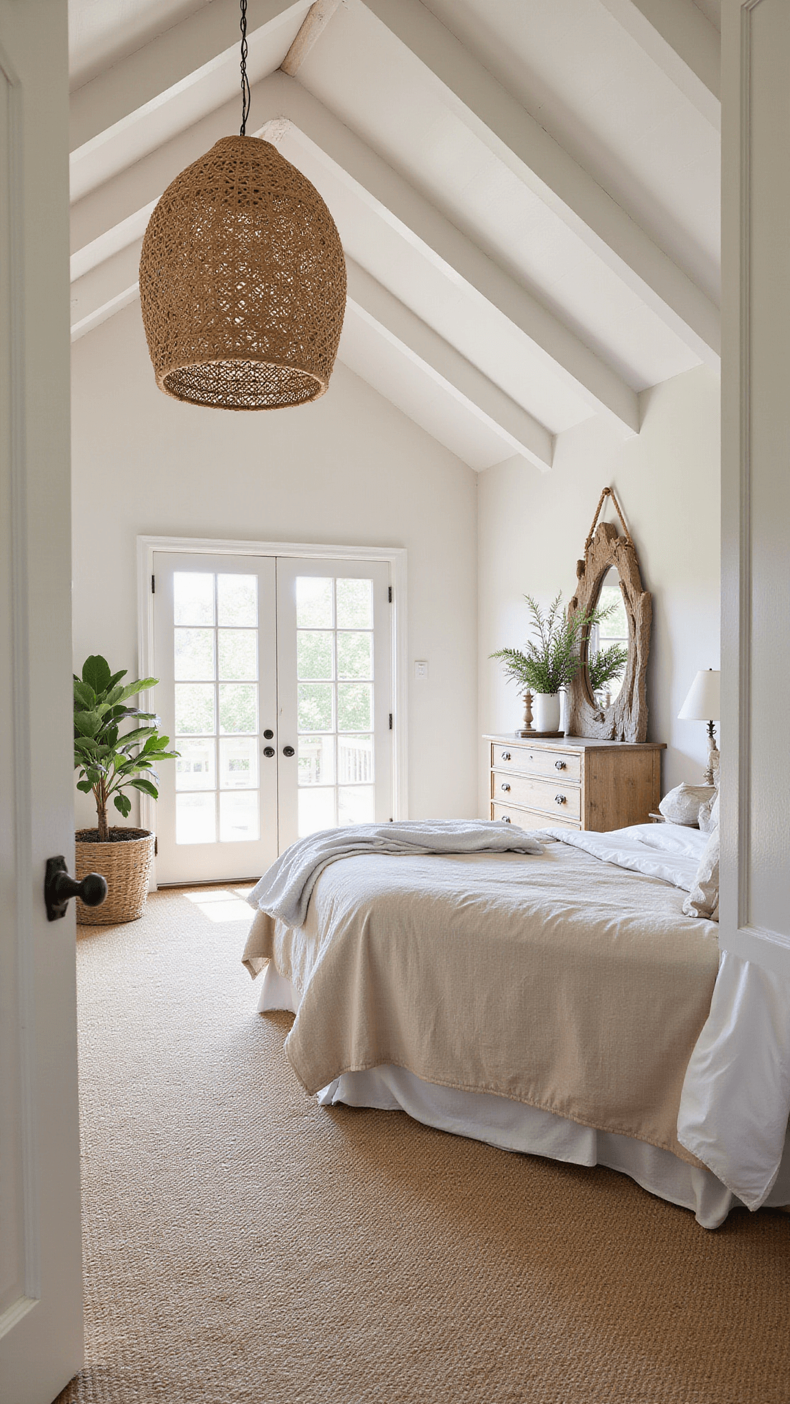 Serene bedroom with vaulted ceiling, white beams, beige linens, rattan pendant, driftwood mirror, sisal rug, and lush greenery near French doors.