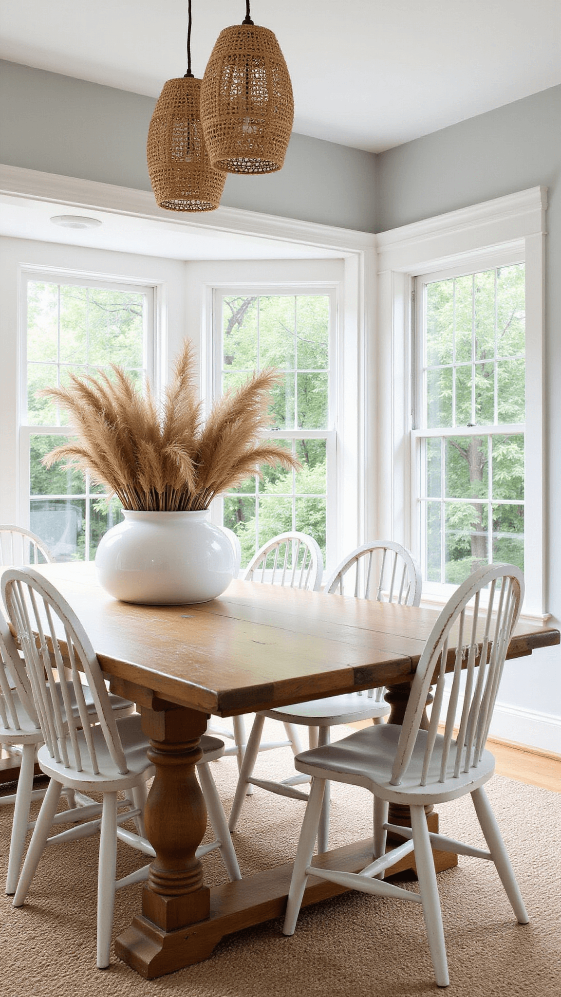 Sun-drenched dining area featuring reclaimed teak table, whitewashed chairs, pampas grass centerpiece, and large garden-facing windows.
