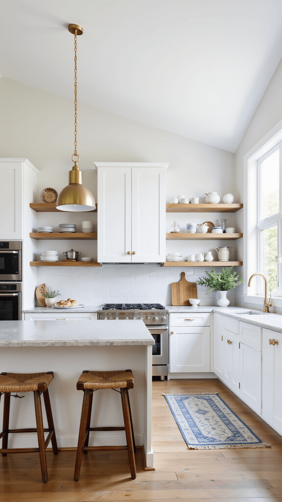 Bright kitchen with white shaker cabinets, limestone countertops, bleached oak shelves, rattan stools, muted blue runner, brass fixtures, and subway tile backsplash.
