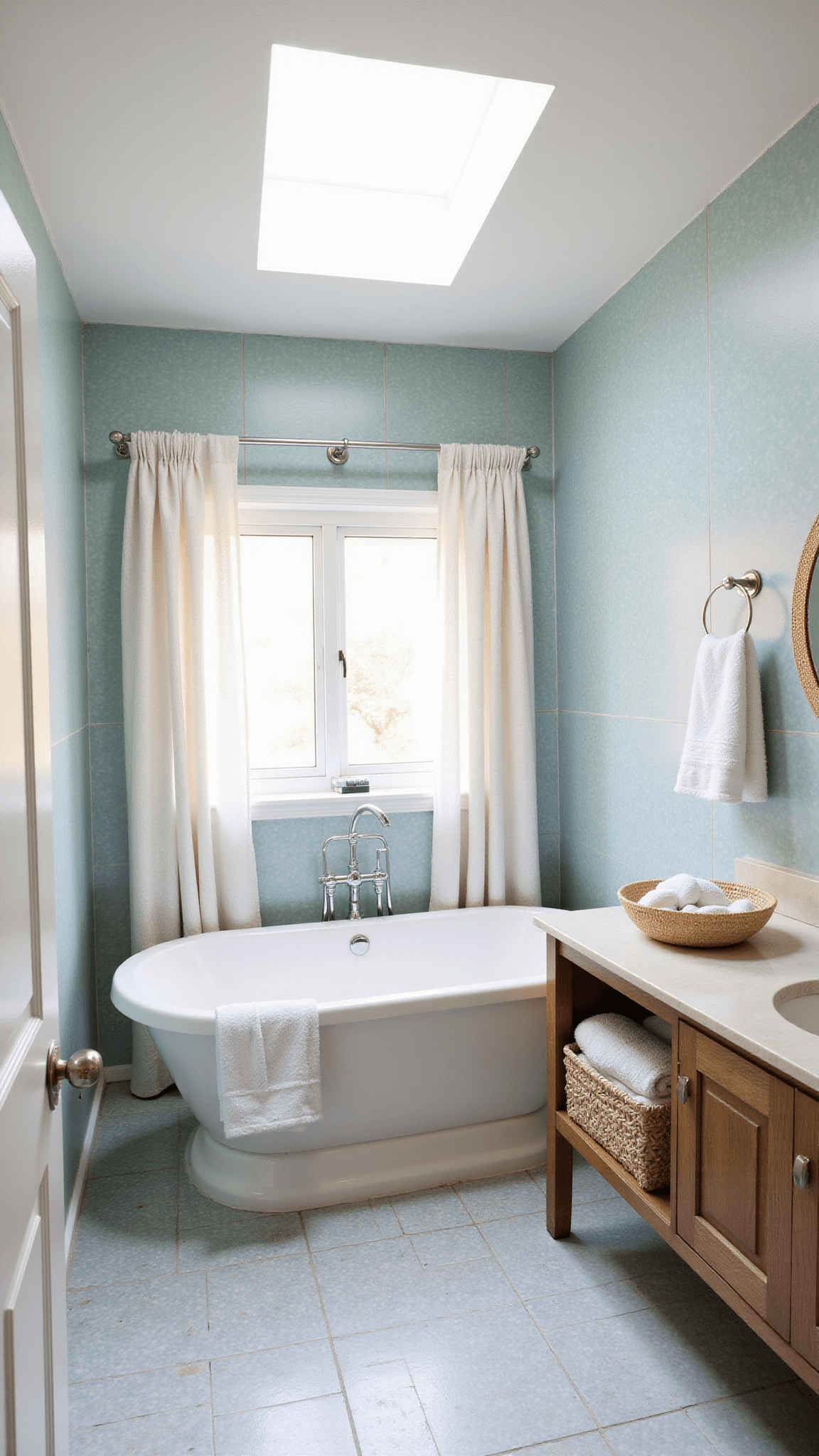 Peaceful bathroom featuring a freestanding tub beneath a skylight, pale blue tiles, floating oak vanity, and soft natural illumination.