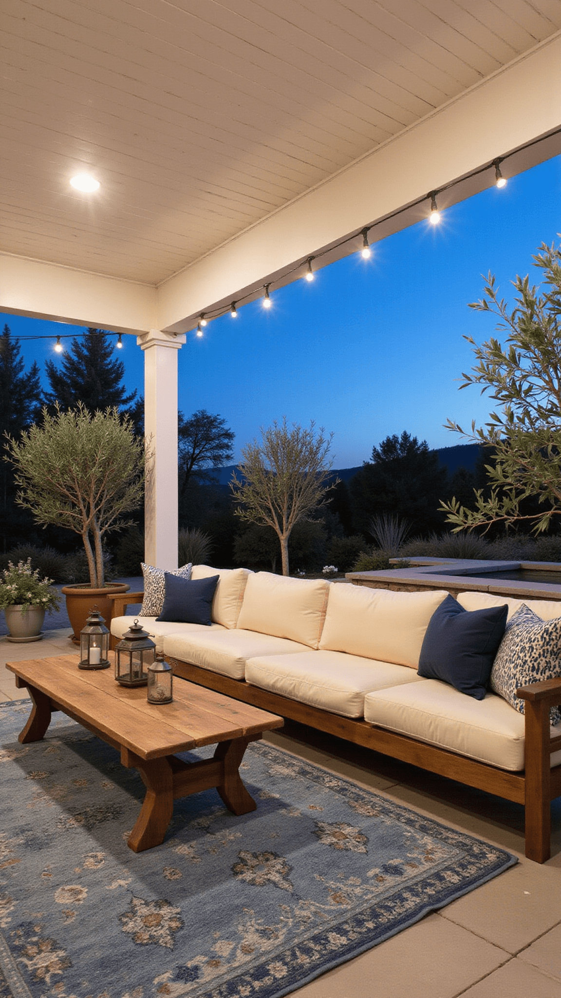 Cozy covered patio with cream sectional, navy cushions, olive trees, vintage blue rug, teak coffee table, and string lights at twilight.
