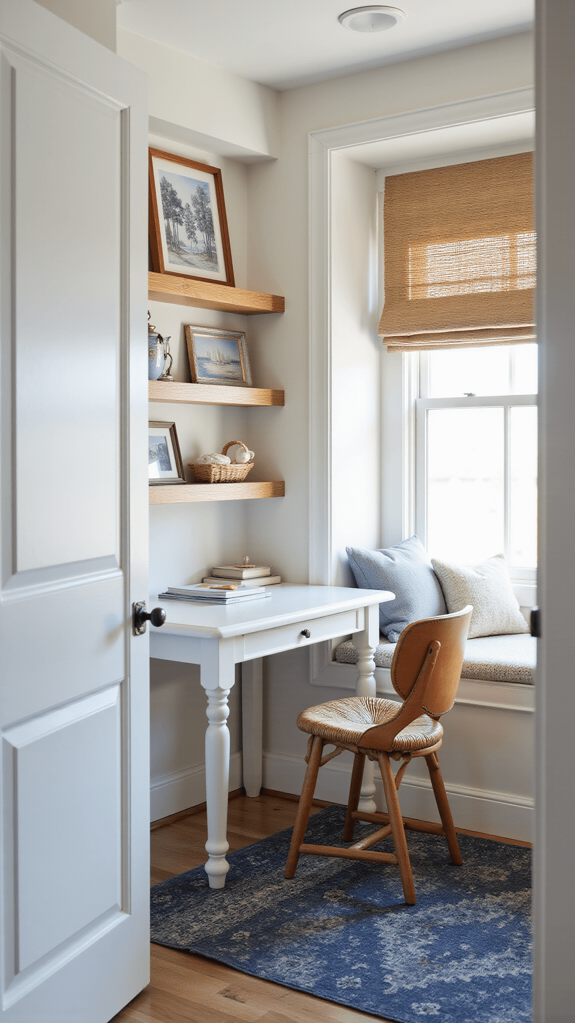 Home office nook with white oak desk, woven leather chair, built-in window seat, floating shelves with coastal decor, indigo rug, and natural light filtered through a roman shade.