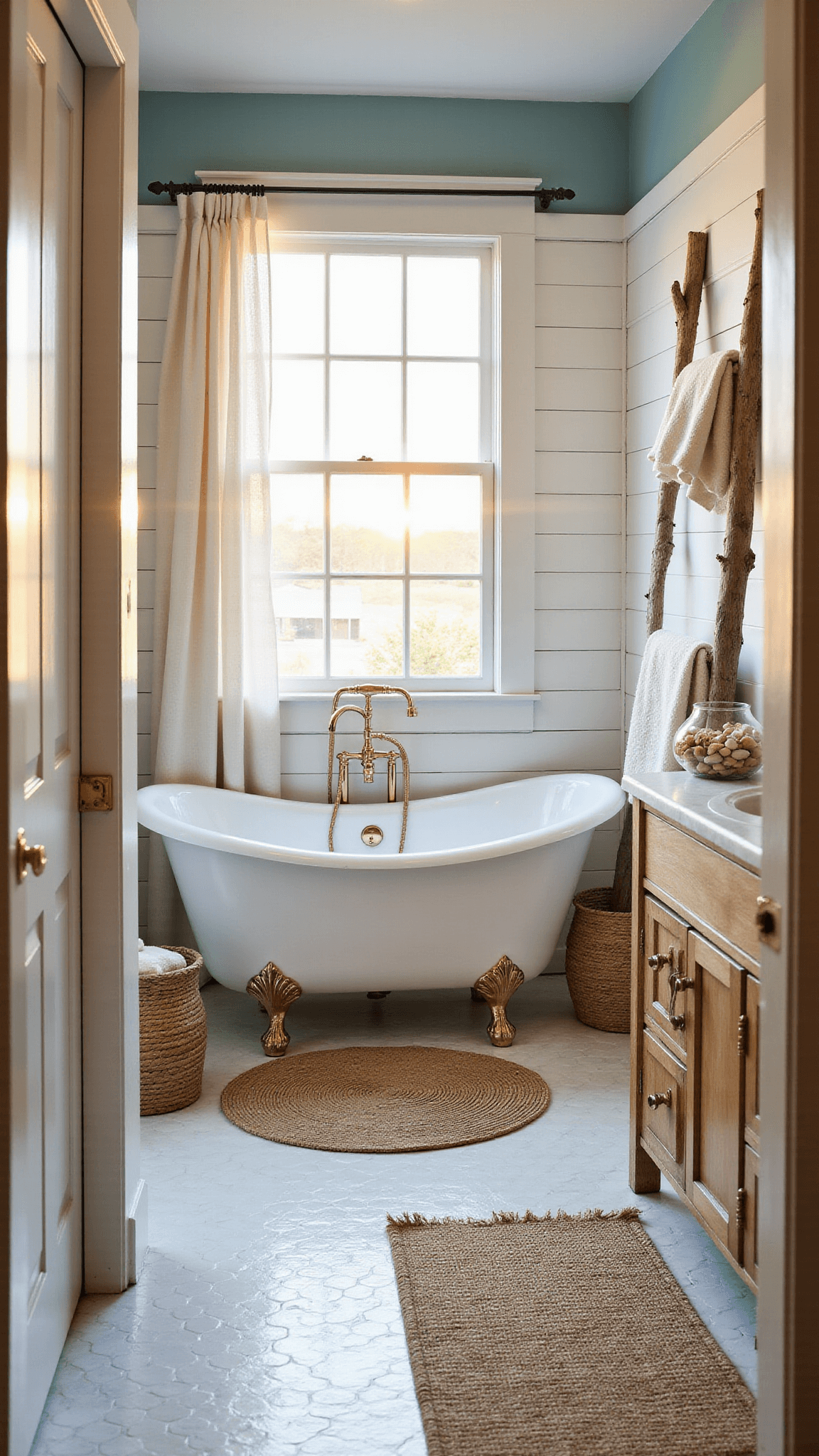Coastal bathroom with freestanding tub, white shiplap, sea-glass blue walls, golden hour lighting, oak vanity, and brass fixtures.