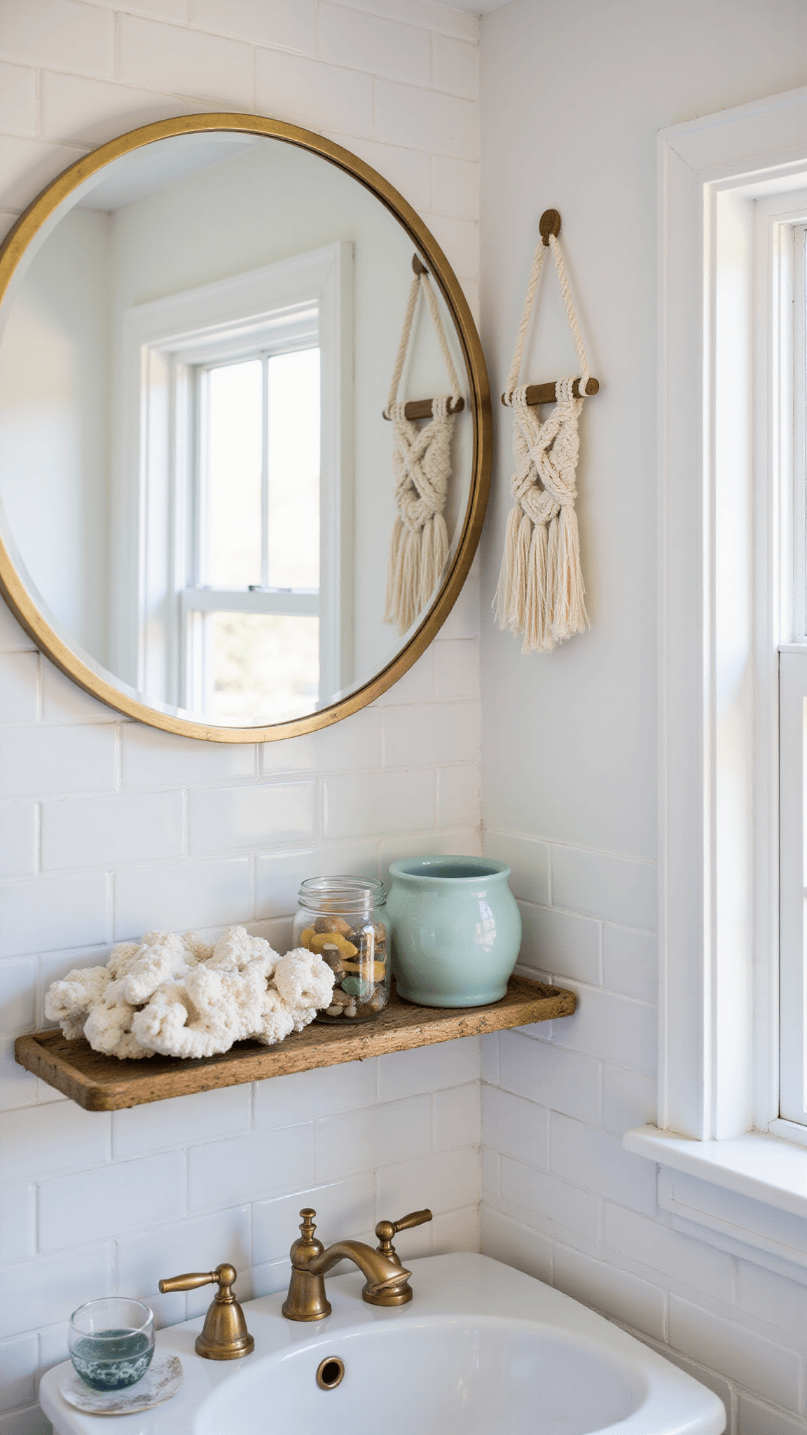 Coastal bathroom corner with vintage brass mirror, white tiles, rope shelf holding coral, sea glass jar, and aqua soap dish, softly lit by morning light.
