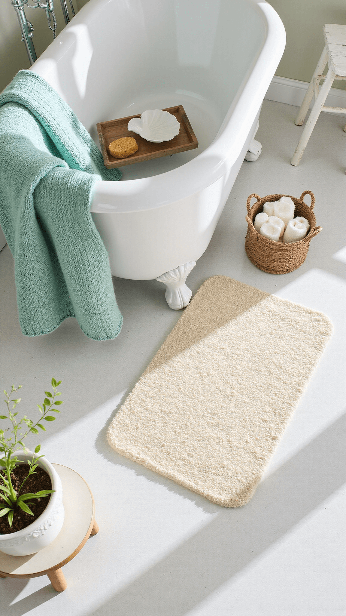 Overhead view of clawfoot tub with seafoam green throw, ivory bath mat, and coastal decor on white penny tile floor in late afternoon light.