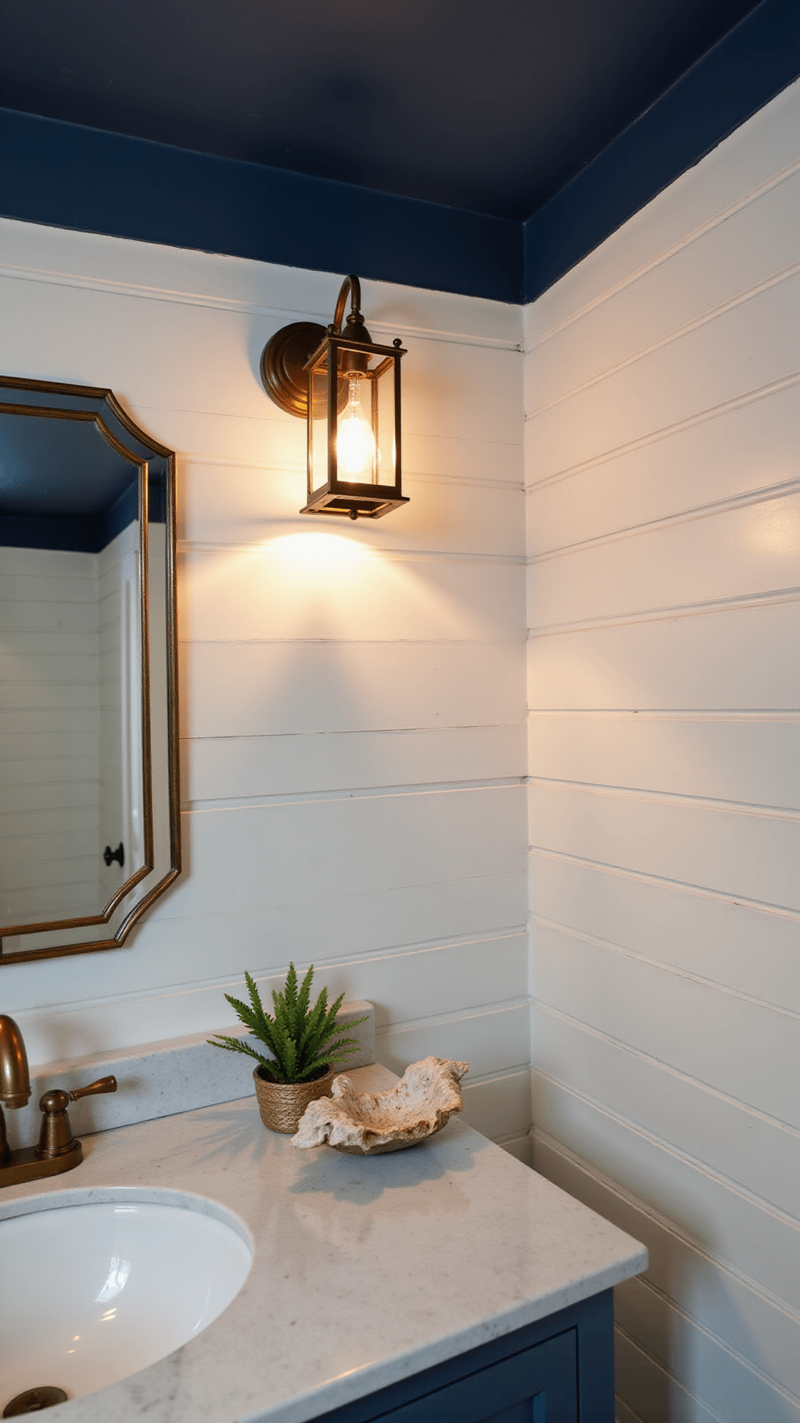 Dramatic dusk bathroom with warm copper sconces, navy ceiling, vintage brass mirror, and coastal decor on white marble counter.